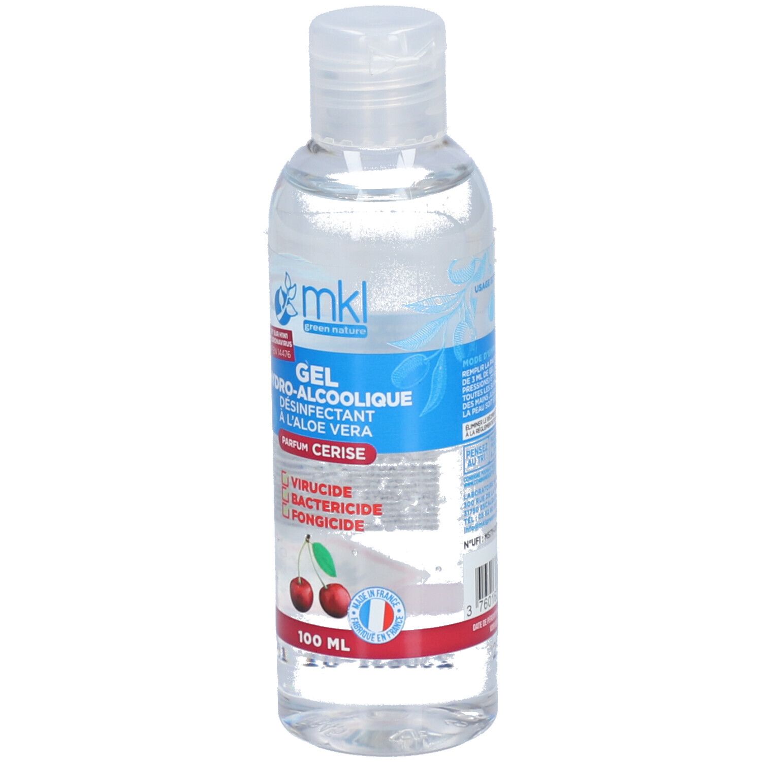 Flacon transparent avec étiquette bleue et blanche. Contient Gel Hydro-Alcoolique Cerise. Image de cerises et logo français.