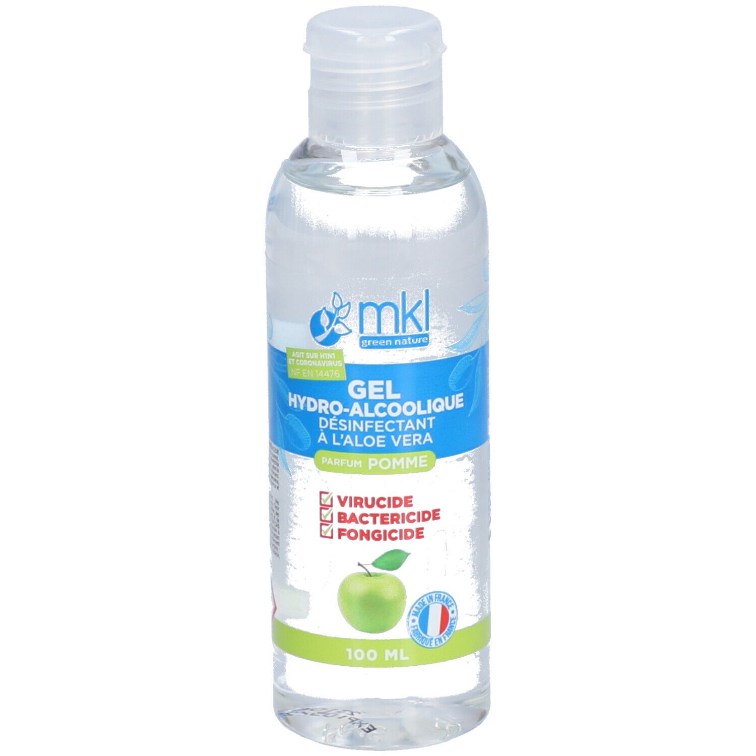 Flacon transparent avec bouchon blanc. Inscription: Gel Hydro-alcoolique, désinfectant à l'aloe vera. Parfum pomme. Drapeau français.