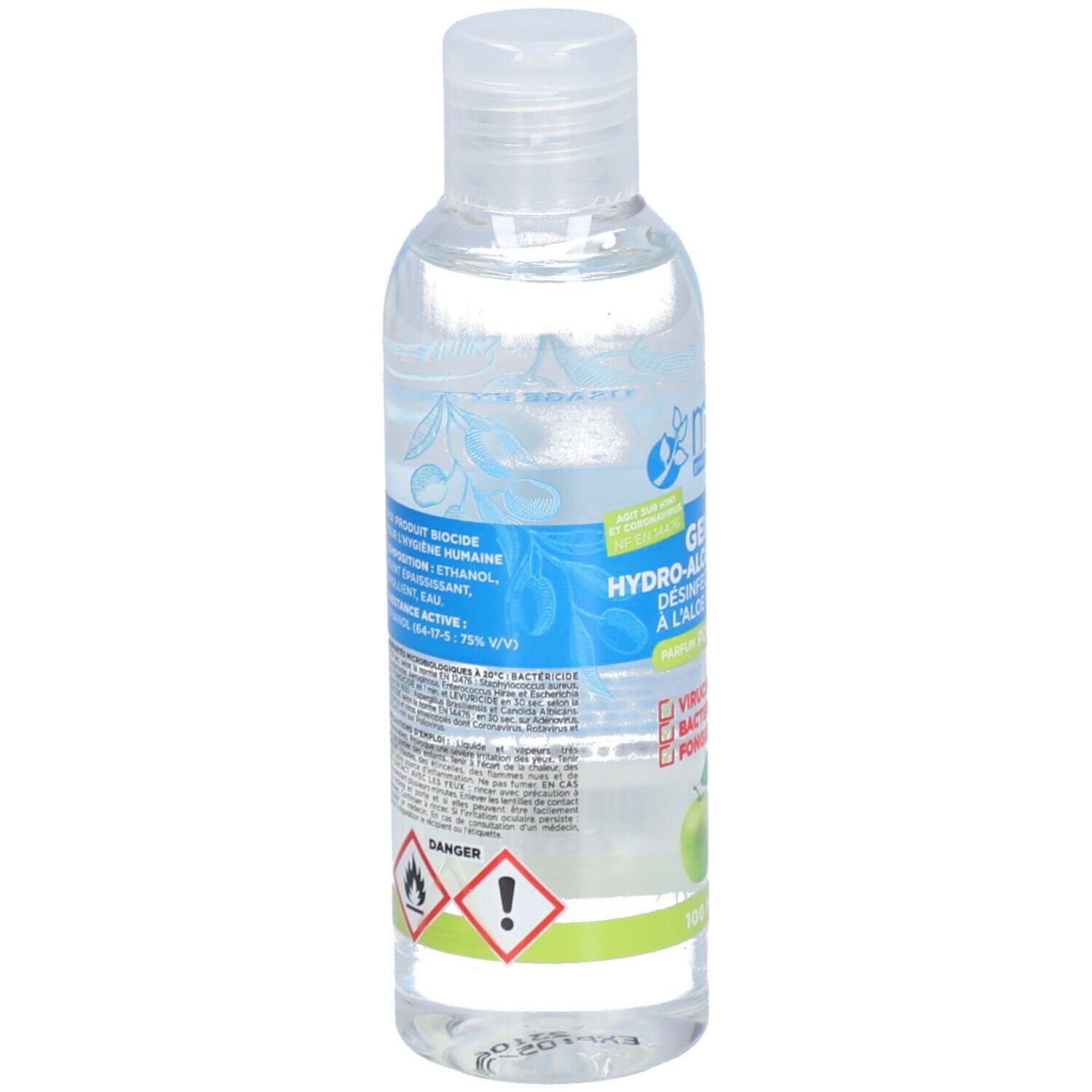 Dos du flacon. Texte avec ingrédients et avertissements. Symboles de danger: irritant et facilement inflammable.