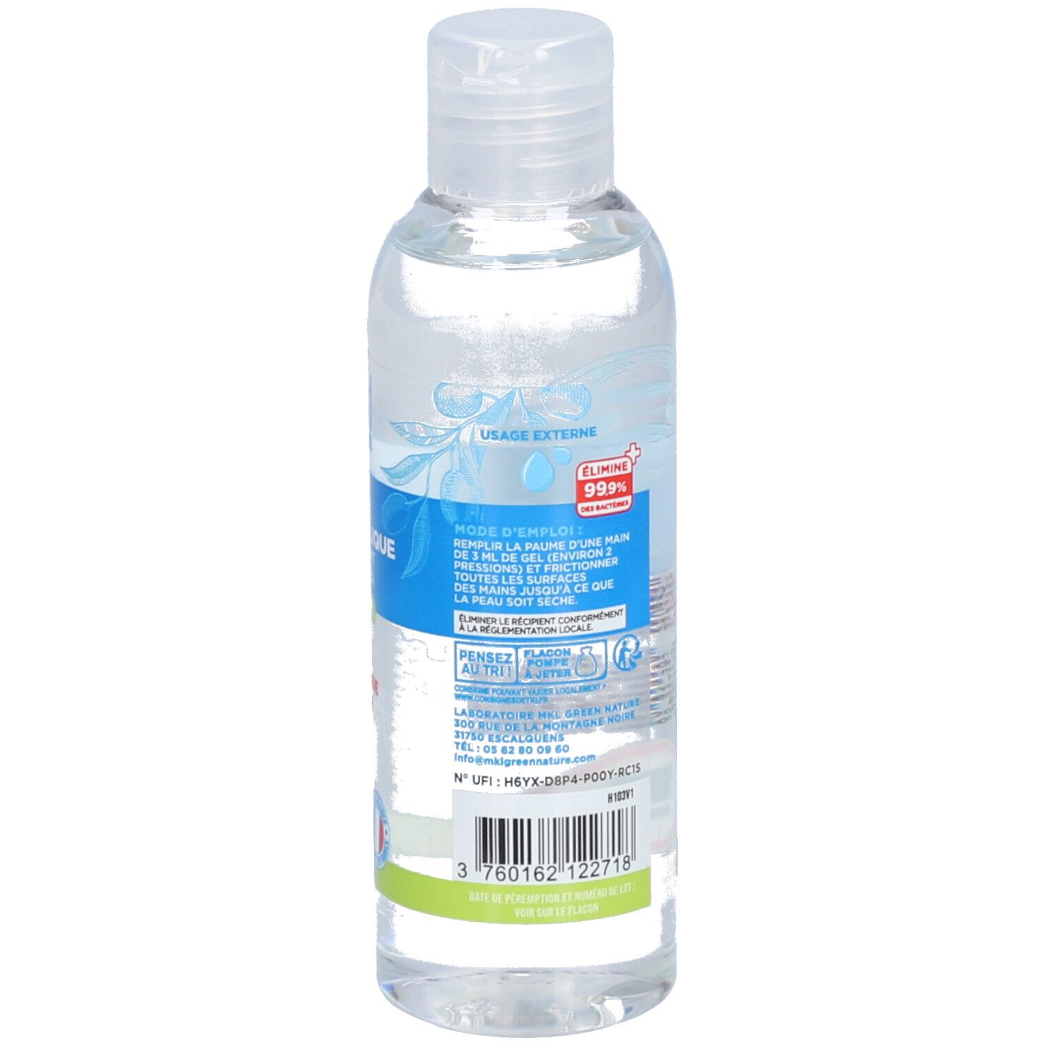 Dos du flacon. Texte avec instructions d'utilisation. Contient 99% d'alcool. Code QR et coordonnées.