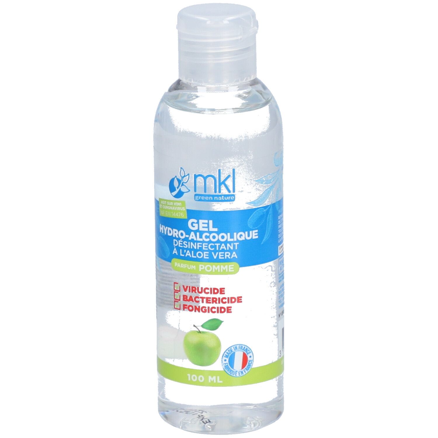 Flacon transparent avec bouchon blanc. Inscription: Gel Hydro-alcoolique, désinfectant à l'aloe vera. Parfum pomme. Drapeau français.