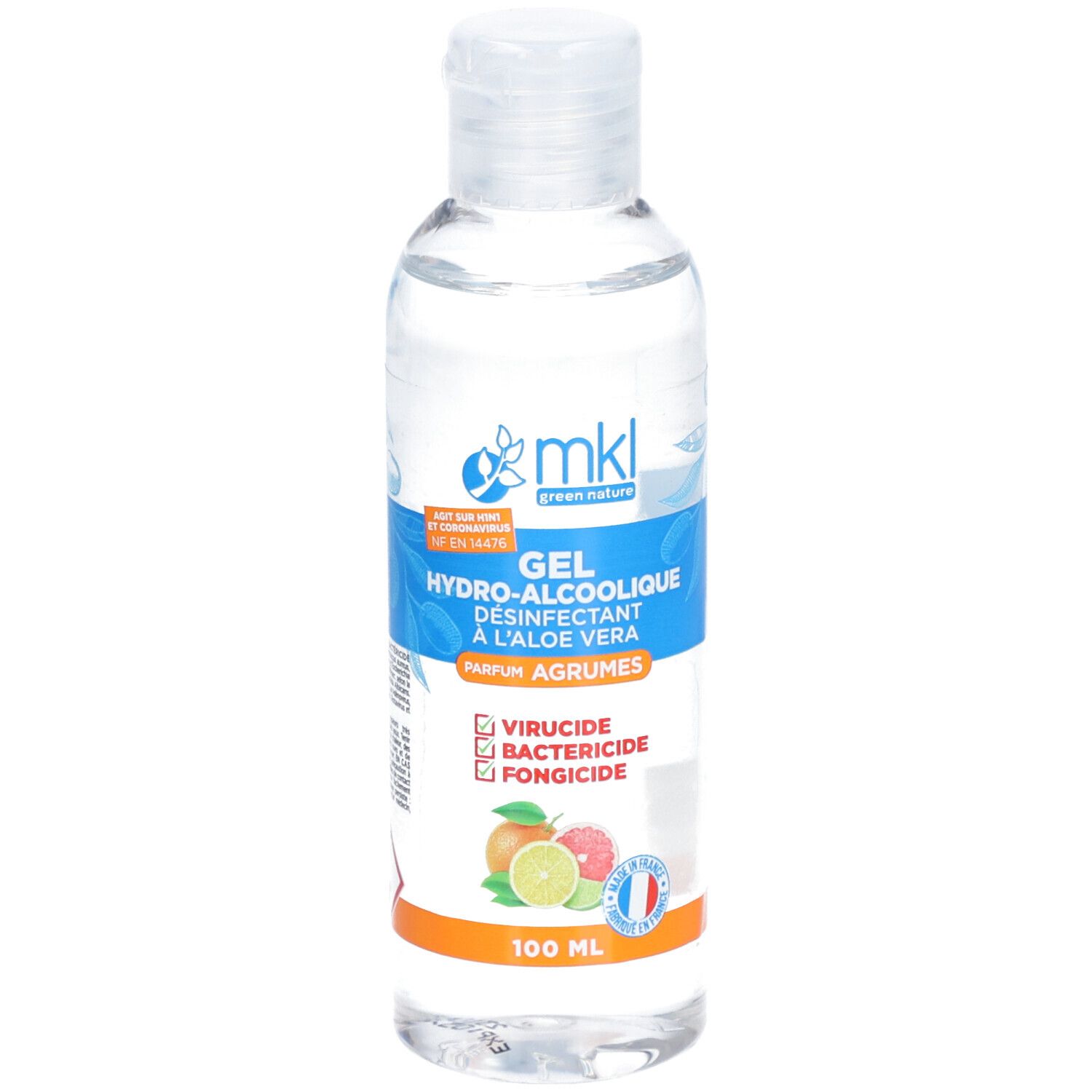 Flacon transparent avec étiquette bleue et blanche. Contient Gel Hydro-Alcoolique Agrumes. Avec Aloe Vera. 100 ml.