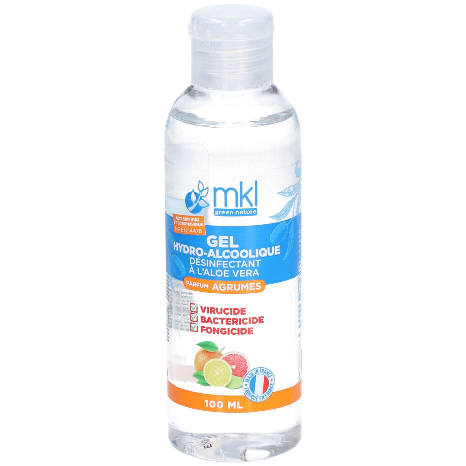 Flacon transparent avec étiquette bleue et blanche. Contient Gel Hydro-Alcoolique Agrumes. Avec Aloe Vera. 100 ml.