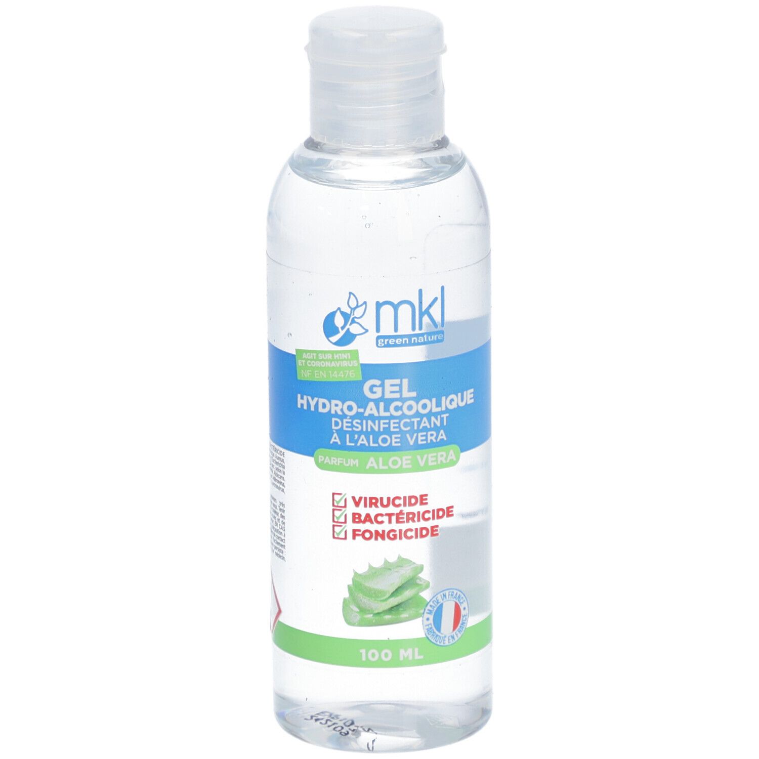 Flacon transparent avec étiquette bleue et verte. Texte: Gel Hydroalcoolique, Aloe Vera. Logo: MKL Green Nature.