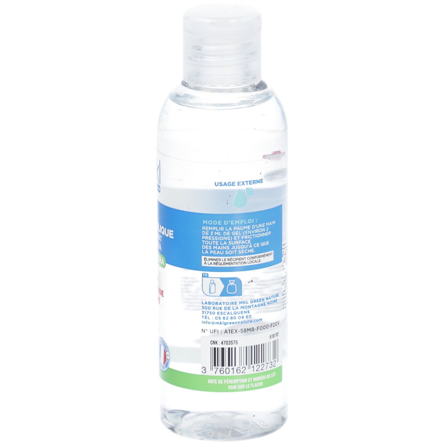 Dos du flacon avec texte et pictogrammes. Contient des informations sur les ingrédients et les avertissements de danger.