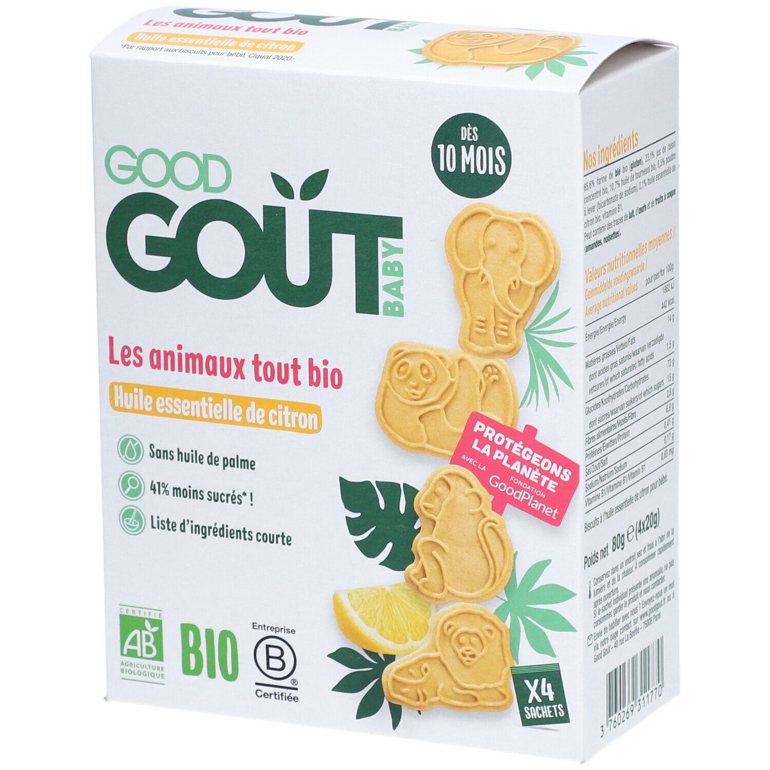 Verpakking van Good Goût-koekjes, Les animaux tout bio, huile essentielle de citron. Biologische certificering. Koekjes in dieren.