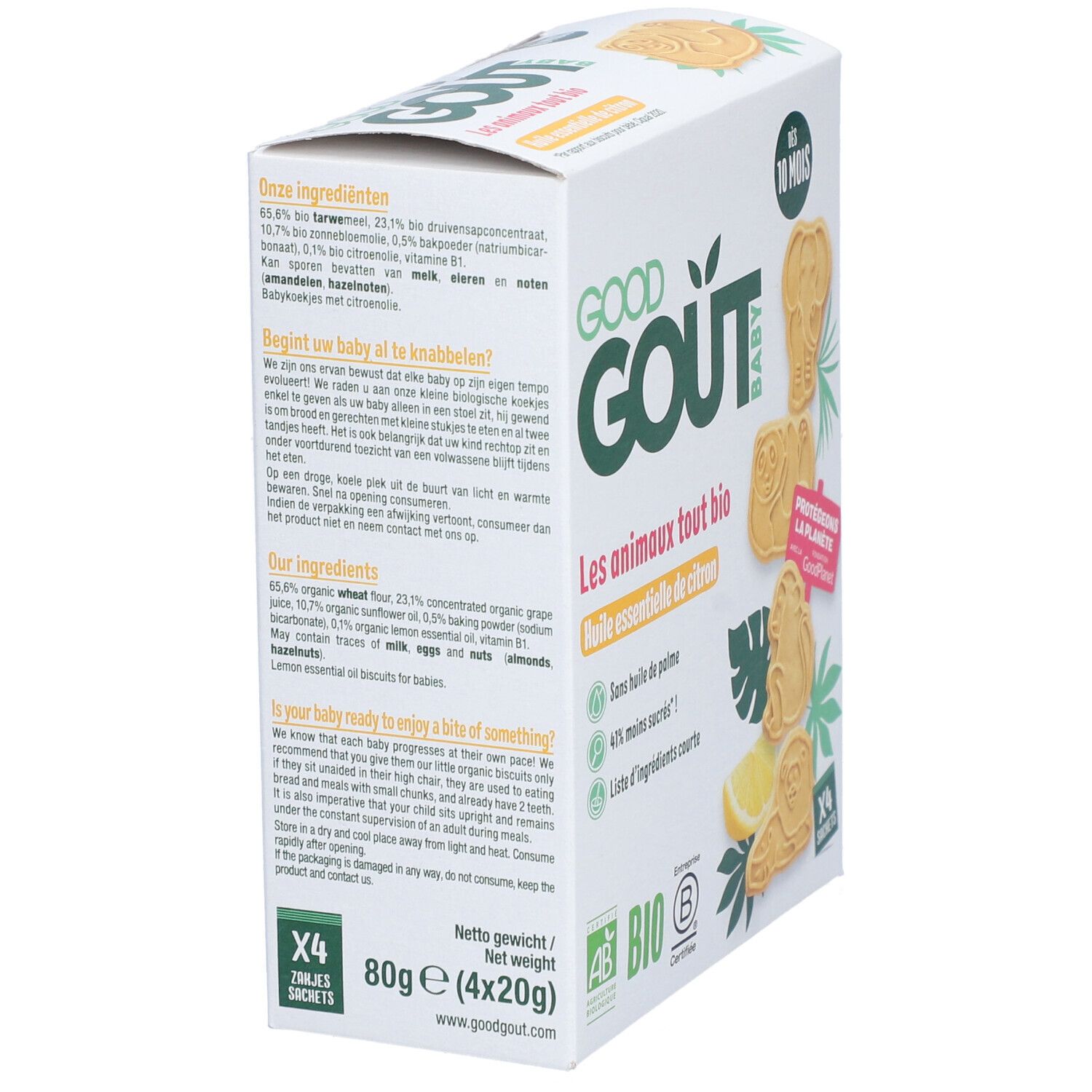 Verpakking van Good Goût-koekjes, Les animaux tout bio, huile essentielle de citron. Ingrediënten en biologische certificering. Koekjes in dieren.