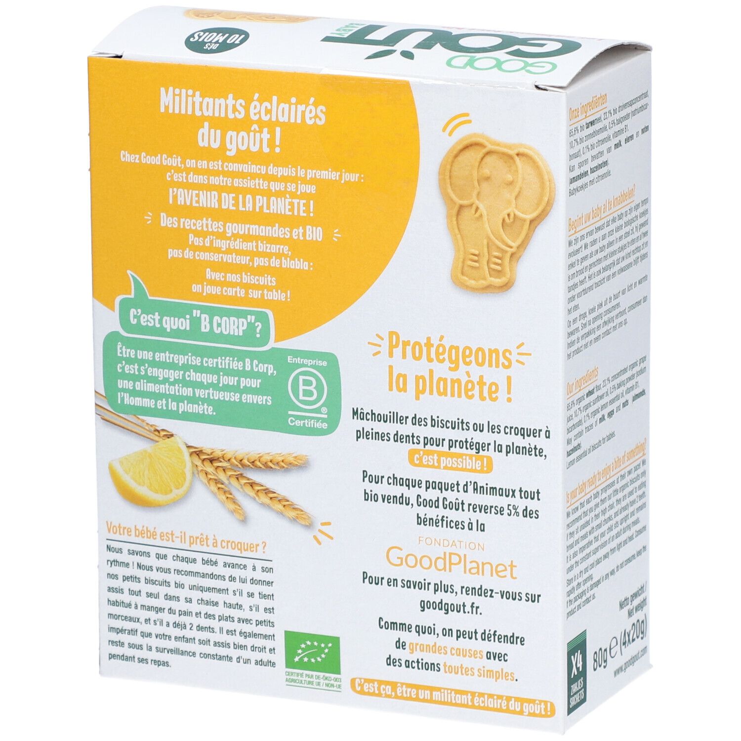 Achterkant van de verpakking van Good Goût-koekjes, Les animaux tout bio, huile essentielle de citron. Biologische certificering. Koekjes in dieren.