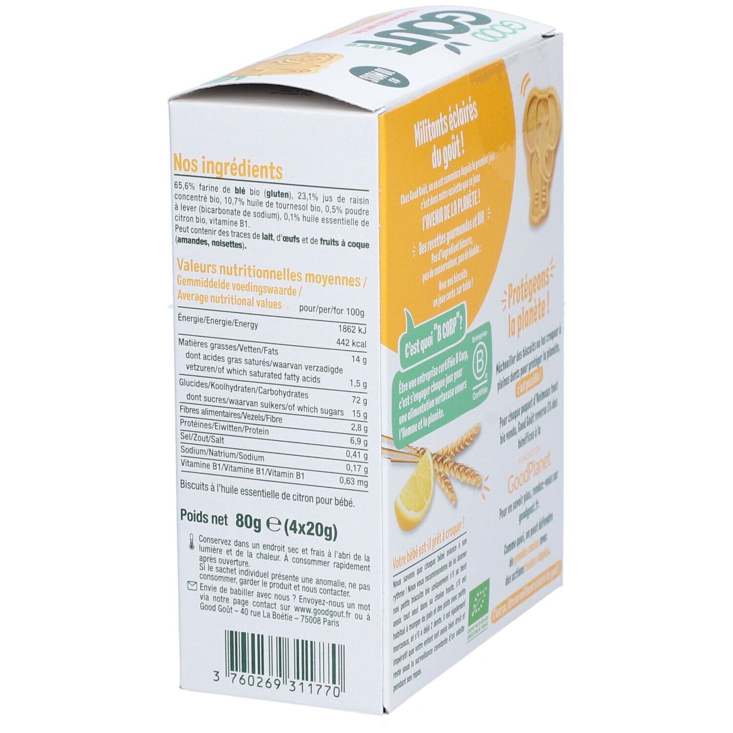 Achterkant van de verpakking van Good Goût-koekjes, Les animaux tout bio, huile essentielle de citron. Voedingswaarde. Koekjes in dieren.