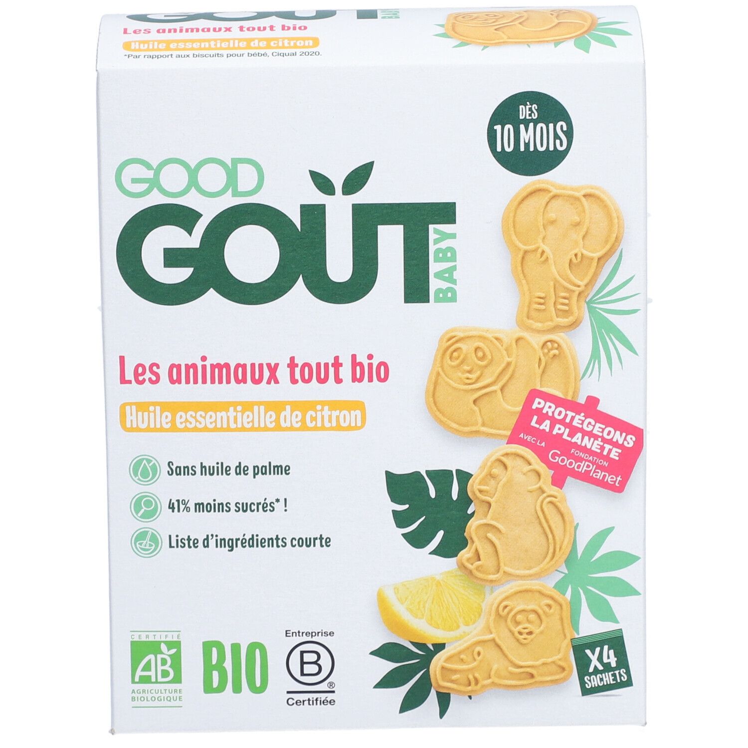 Verpakking van Good Goût-koekjes, Les animaux tout bio, huile essentielle de citron. Biologische certificering. 4 zakjes. Koekjes in dieren.