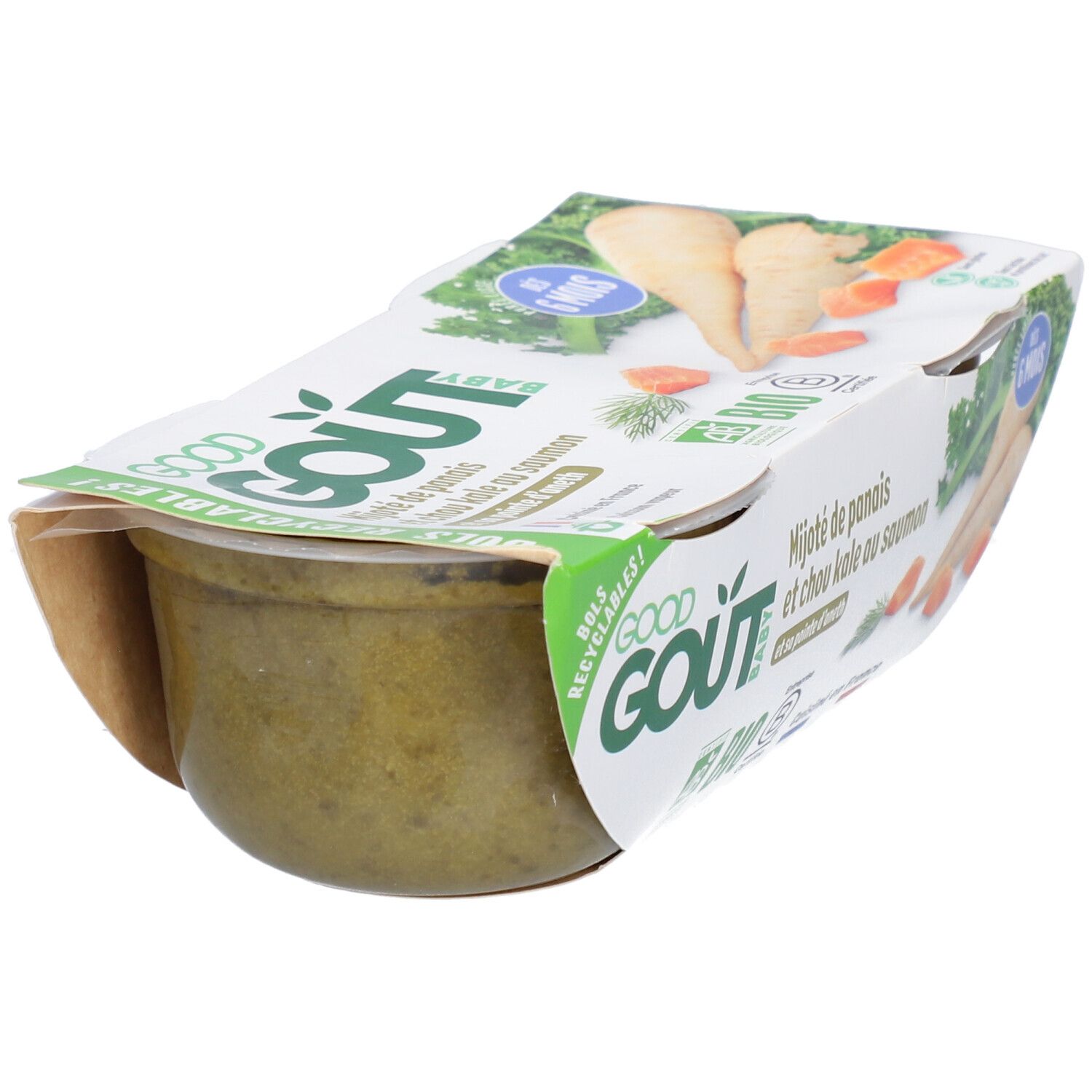 Pot pour bébé avec contenu. Inscription: Good Goût, Mijoté de panais et chou kale au saumon. Certification bio. 6 mois.