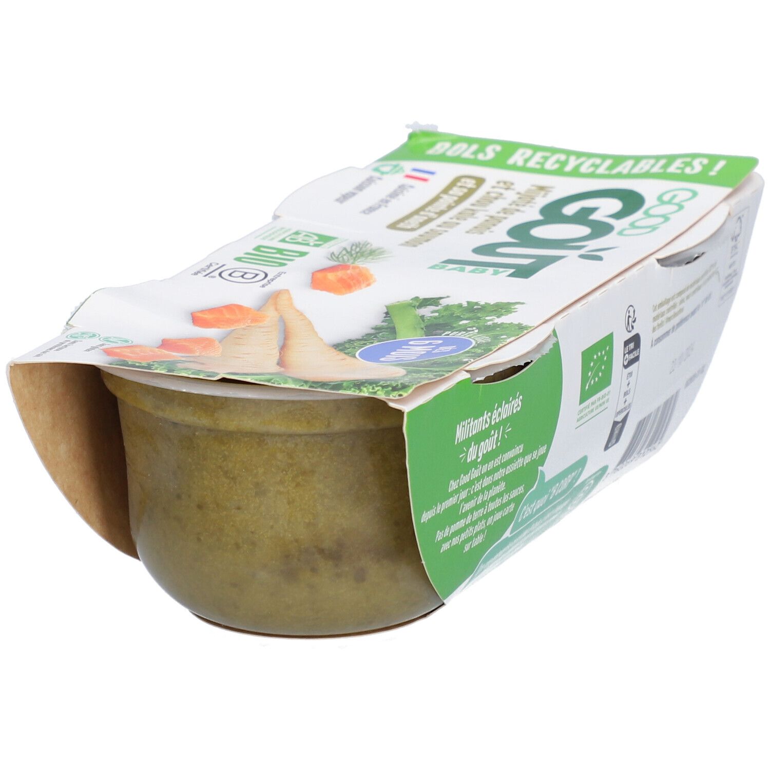 Pot pour bébé avec contenu. Inscription: Good Goût, Mijoté de panais et chou kale au saumon. Certification bio. 6 mois.
