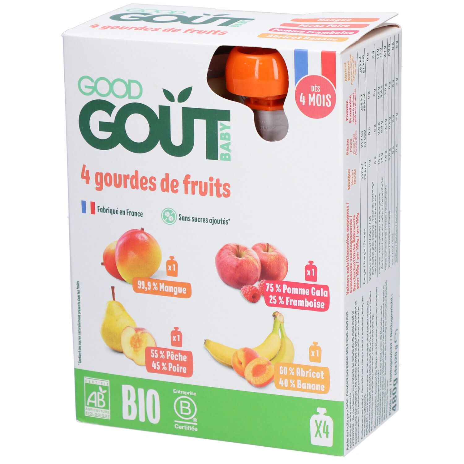 Verpakking met 4 fruitpurees. Merk Good Goût Baby. Bio-gecertificeerd. Bevat mango, appel, framboos, peer, banaan en abrikoos.