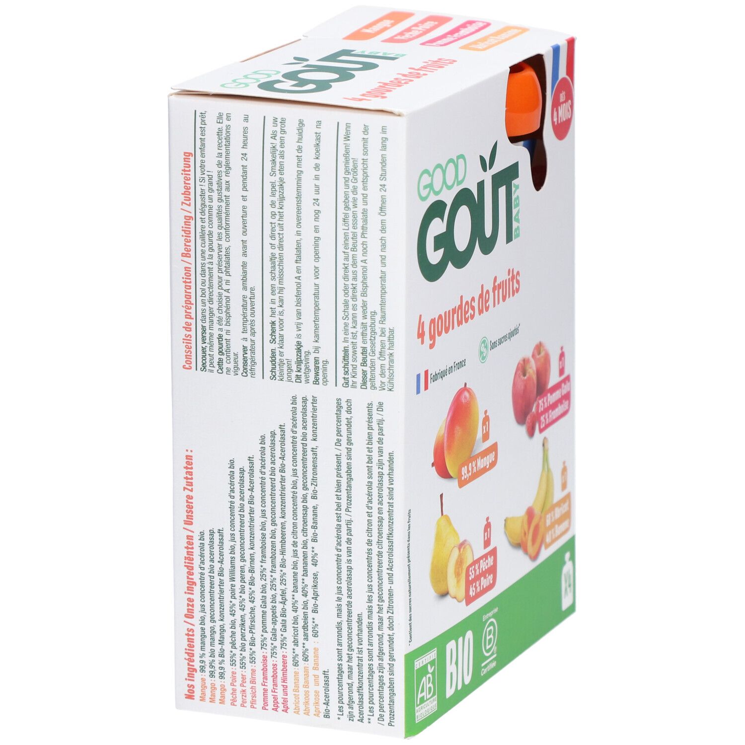 Verpakking met 4 fruitpurees. Merk Good Goût Baby. Bio-gecertificeerd. Bevat mango, appel, framboos, peer, banaan en abrikoos.