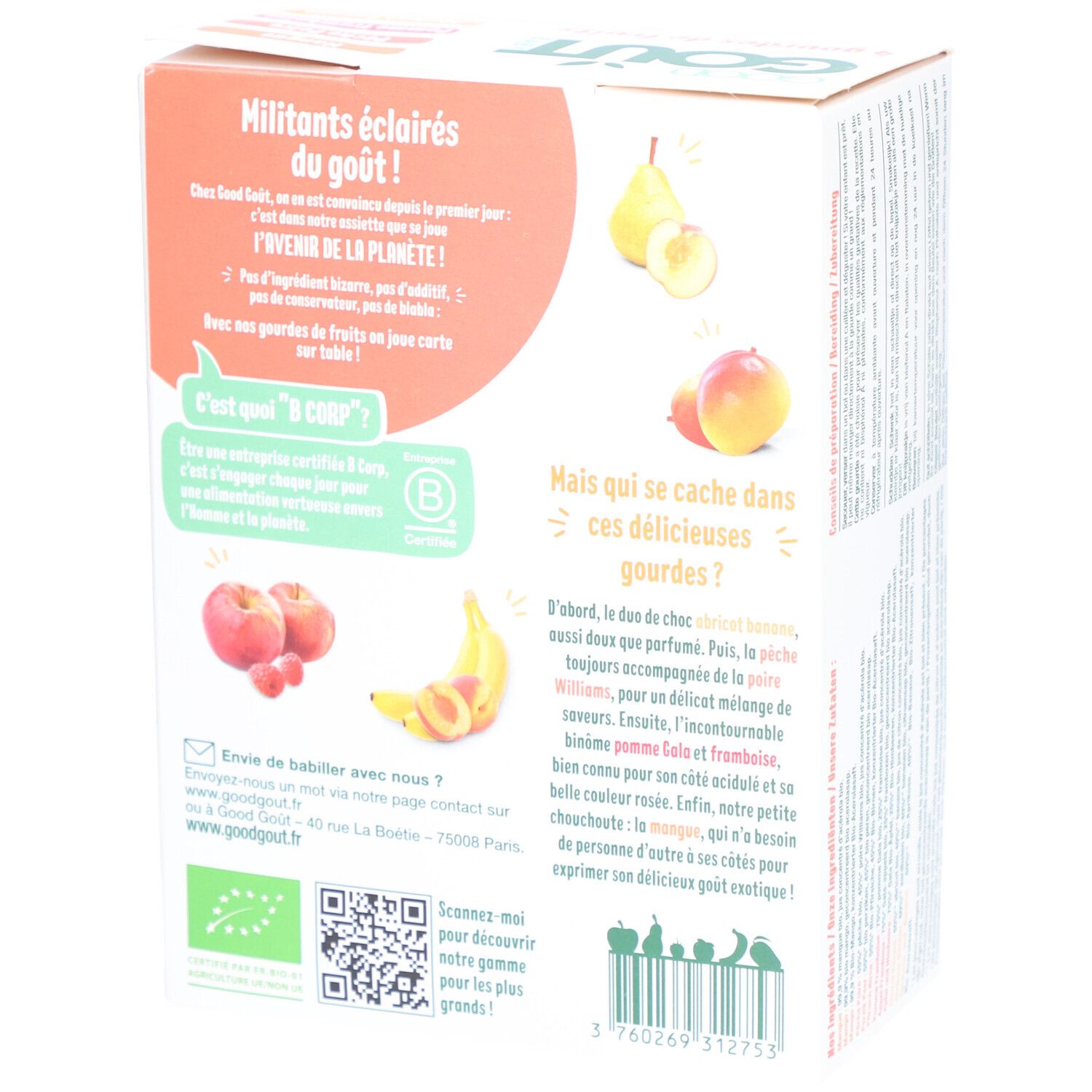 Achterkant van de verpakking met 4 fruitpurees. Merk Good Goût Baby. Bio-gecertificeerd. Bevat mango, appel, framboos, peer, banaan en abrikoos.