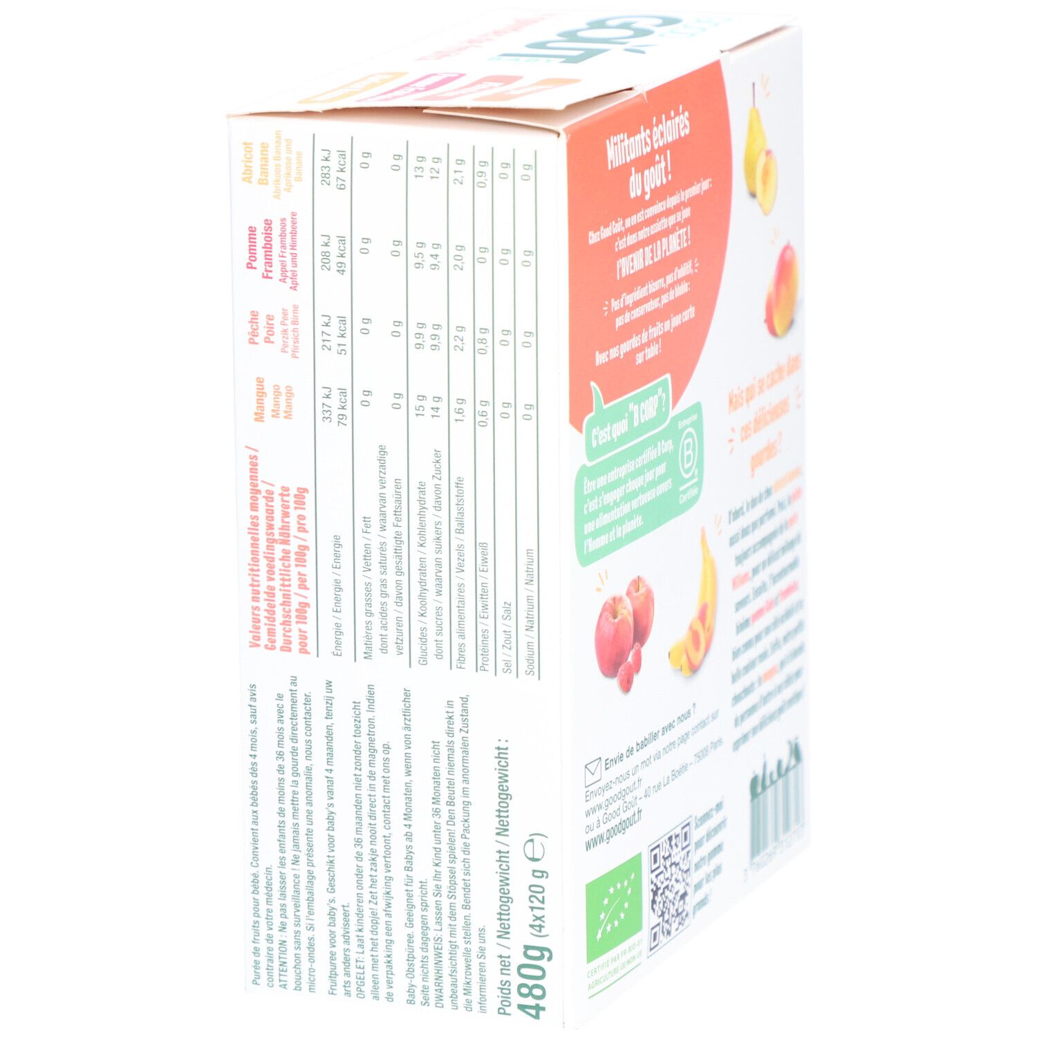 Zijkant van de verpakking met 4 fruitpurees. Merk Good Goût Baby. Voedingswaarde. Gewicht: 480g (4x120g).