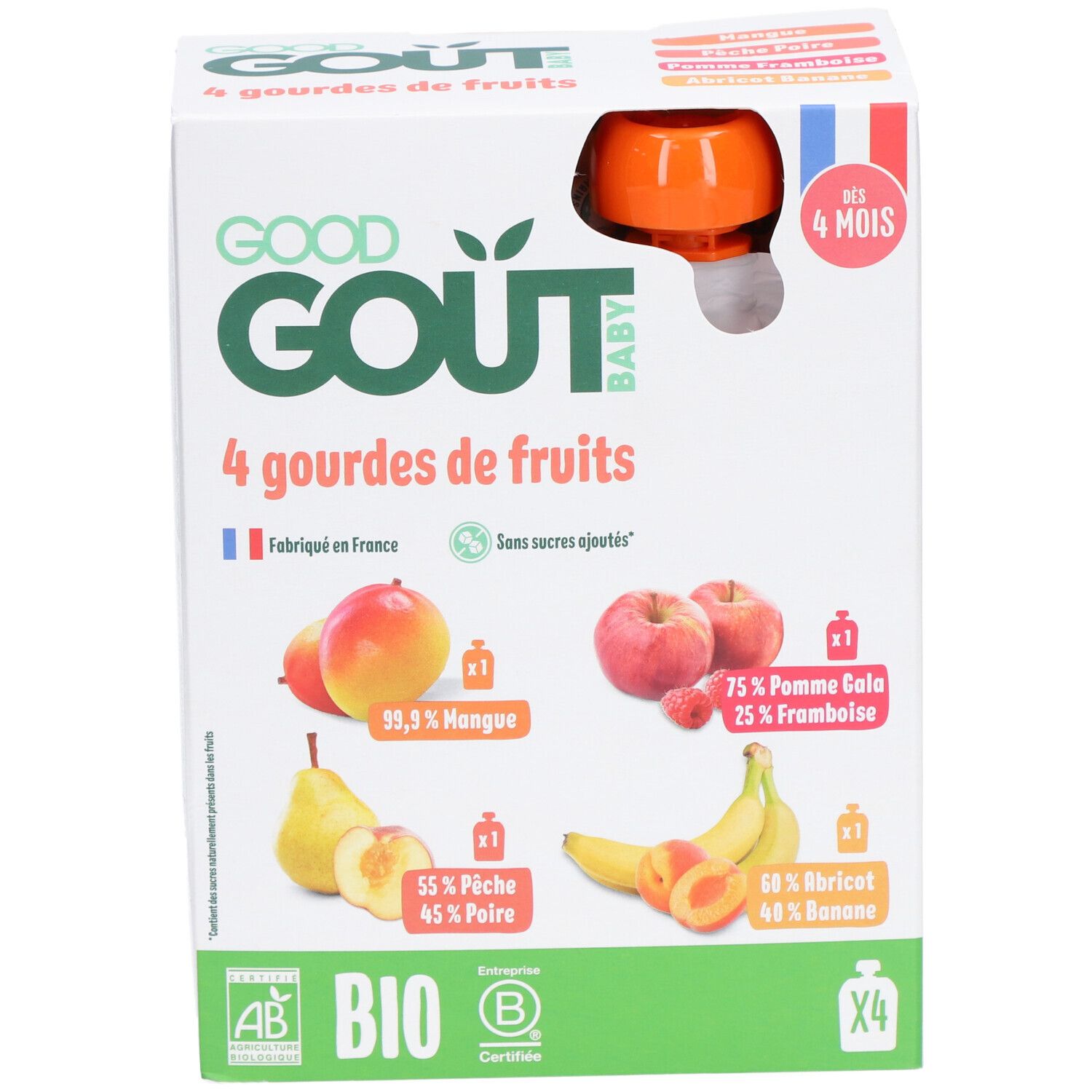Verpakking met 4 fruitpurees. Merk Good Goût Baby. Bio-gecertificeerd. Bevat mango, appel, framboos, peer, banaan en abrikoos.