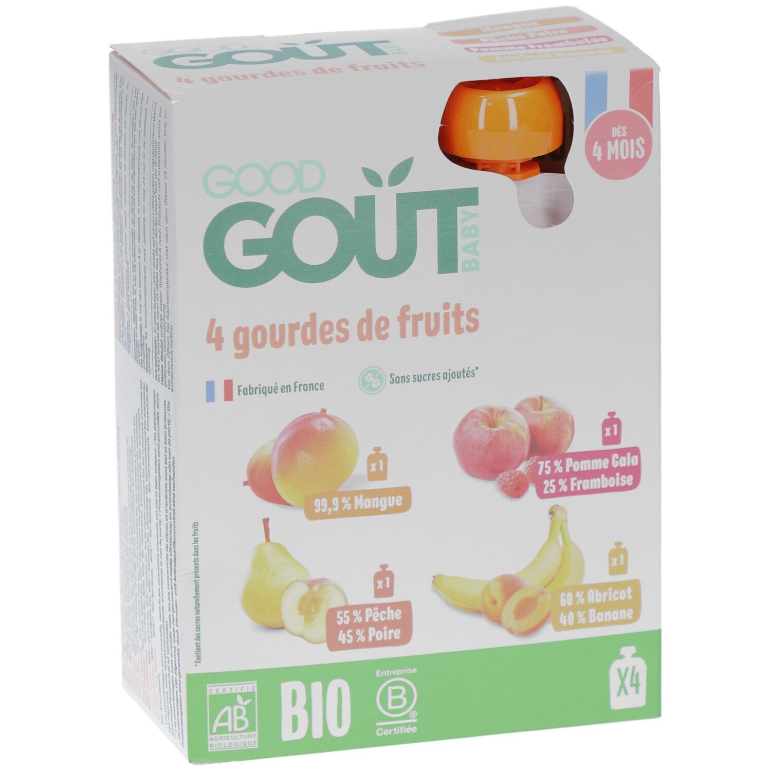 Verpakking met 4 fruitpurees. Merk Good Goût Baby. Bio-gecertificeerd. Bevat mango, appel, framboos, peer, banaan en abrikoos.
