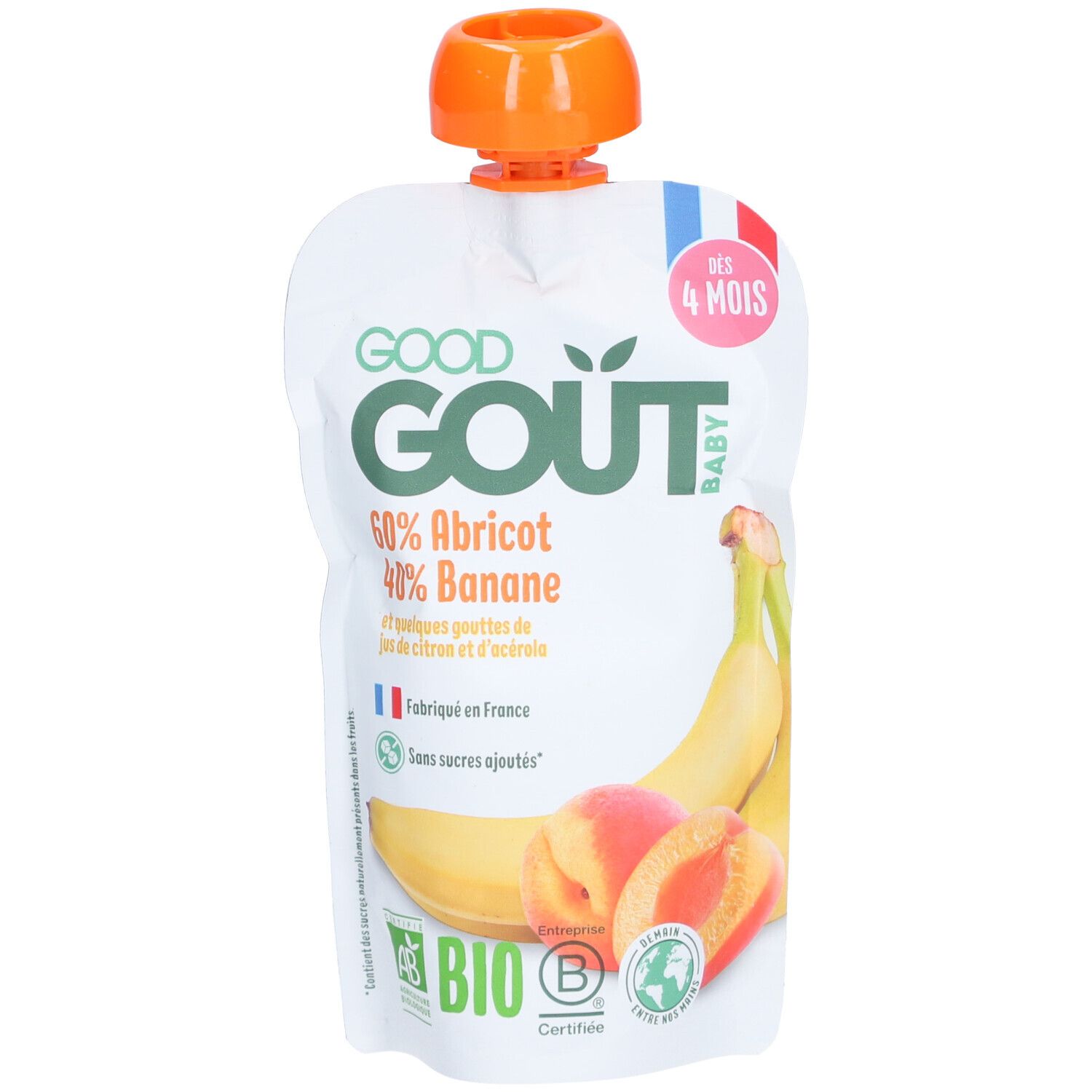 Sachet de purée Good Gout Baby, abricot et banane. Ingrédients : 60% abricot, 40% banane. Label bio.
