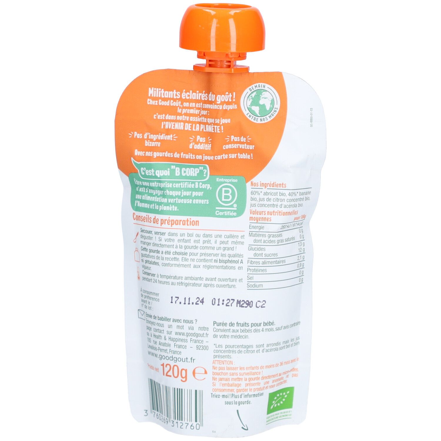 Dos du sachet. Texte : Good Gout, certification B Corp, informations nutritionnelles, date de péremption, label bio.