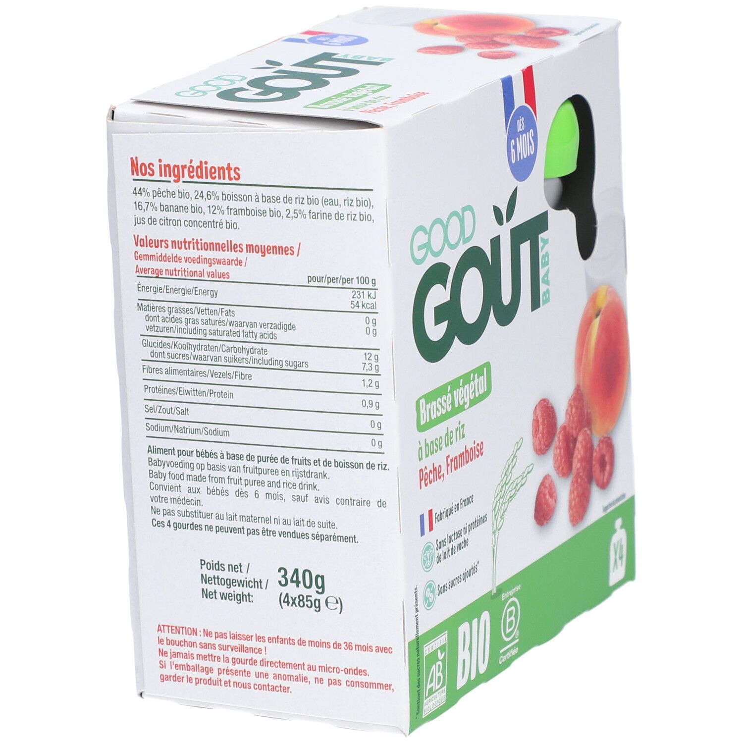 Achterkant van de verpakking. Ingrediëntenlijst, voedingswaarden, nettogewicht 340g (4x85g). Waarschuwing. Bio-certificering.