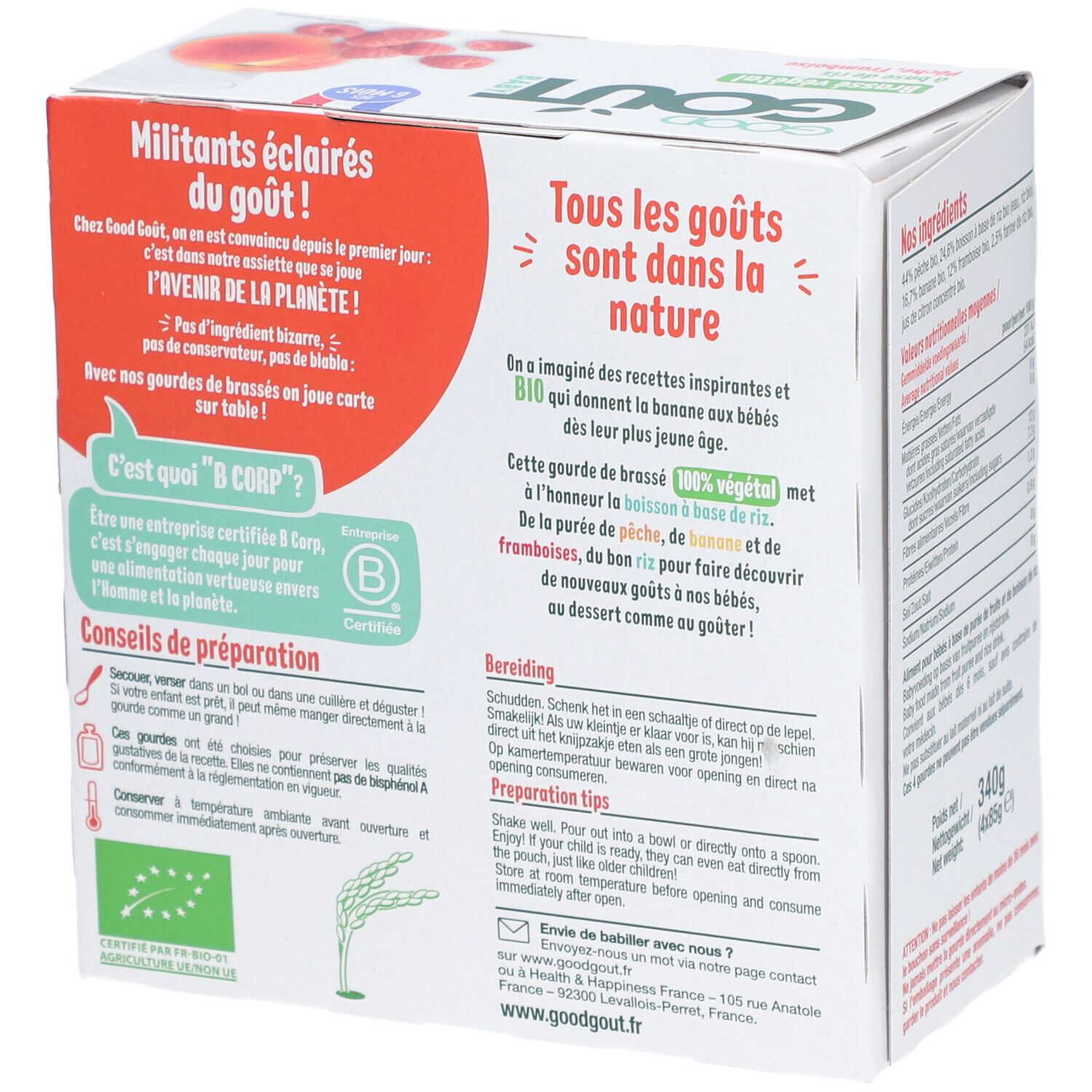 Achterkant van de verpakking. Tekst over het merk en bereidingsadvies. Bio-certificering. Contactgegevens.