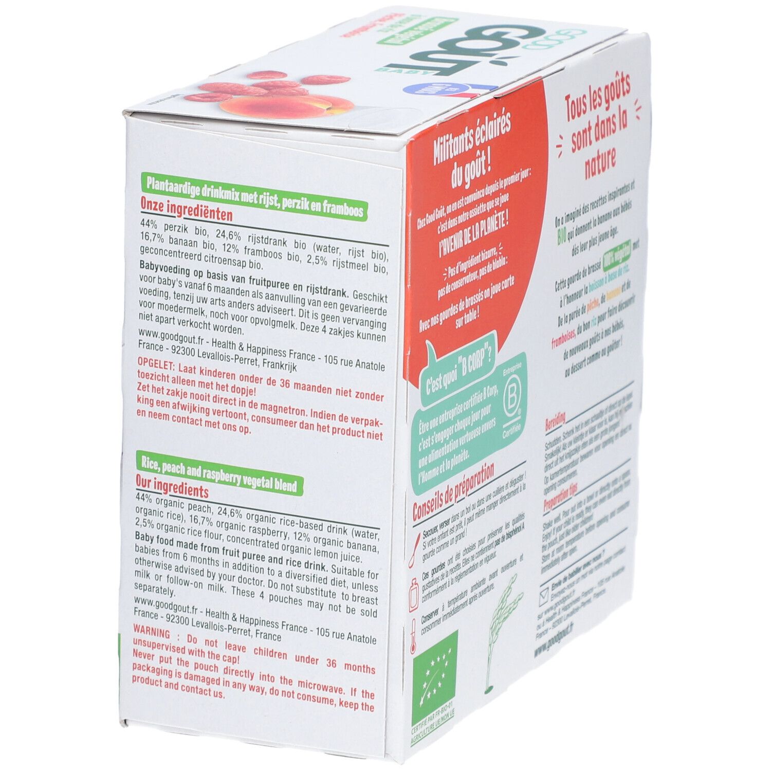 Verpakking. Ingrediëntenlijst in meerdere talen. Bio-certificering. Waarschuwing. Contactgegevens.