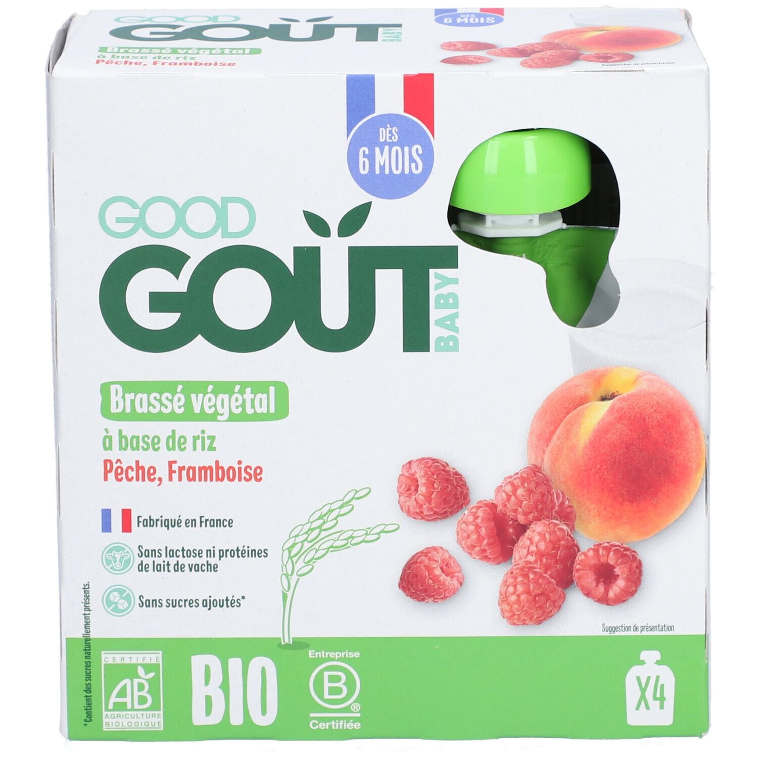 Verpakking GOOD GOUT BABY, Brassé végétal, Pêche, Framboise. Ingrediënten: rijst, perzik, framboos. Bio-gecertificeerd. Vanaf 6 maanden.