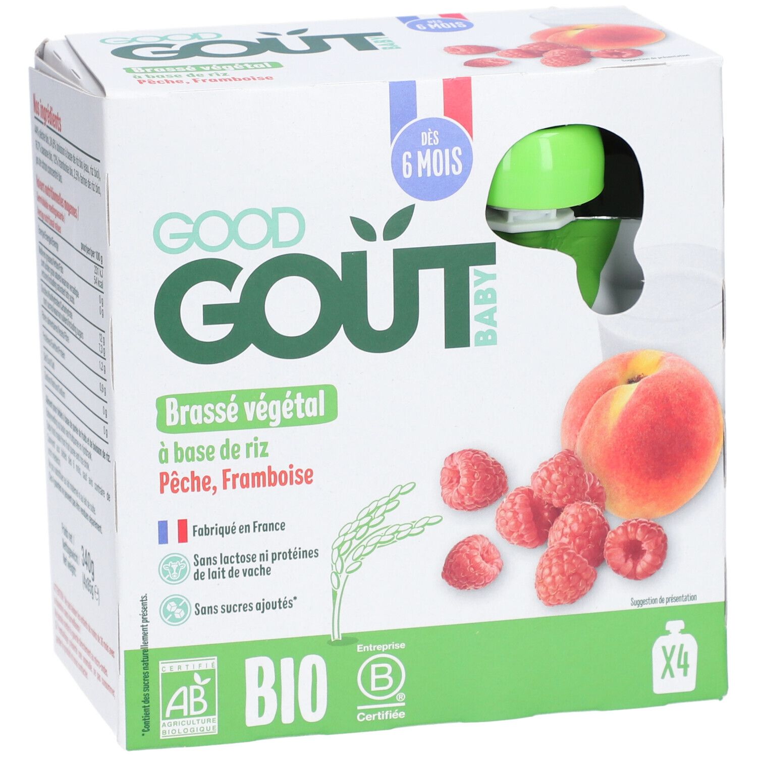 Verpakking GOOD GOUT BABY, Brassé végétal, Pêche, Framboise. Ingrediënten: rijst, perzik, framboos. Bio-gecertificeerd. Vanaf 6 maanden.