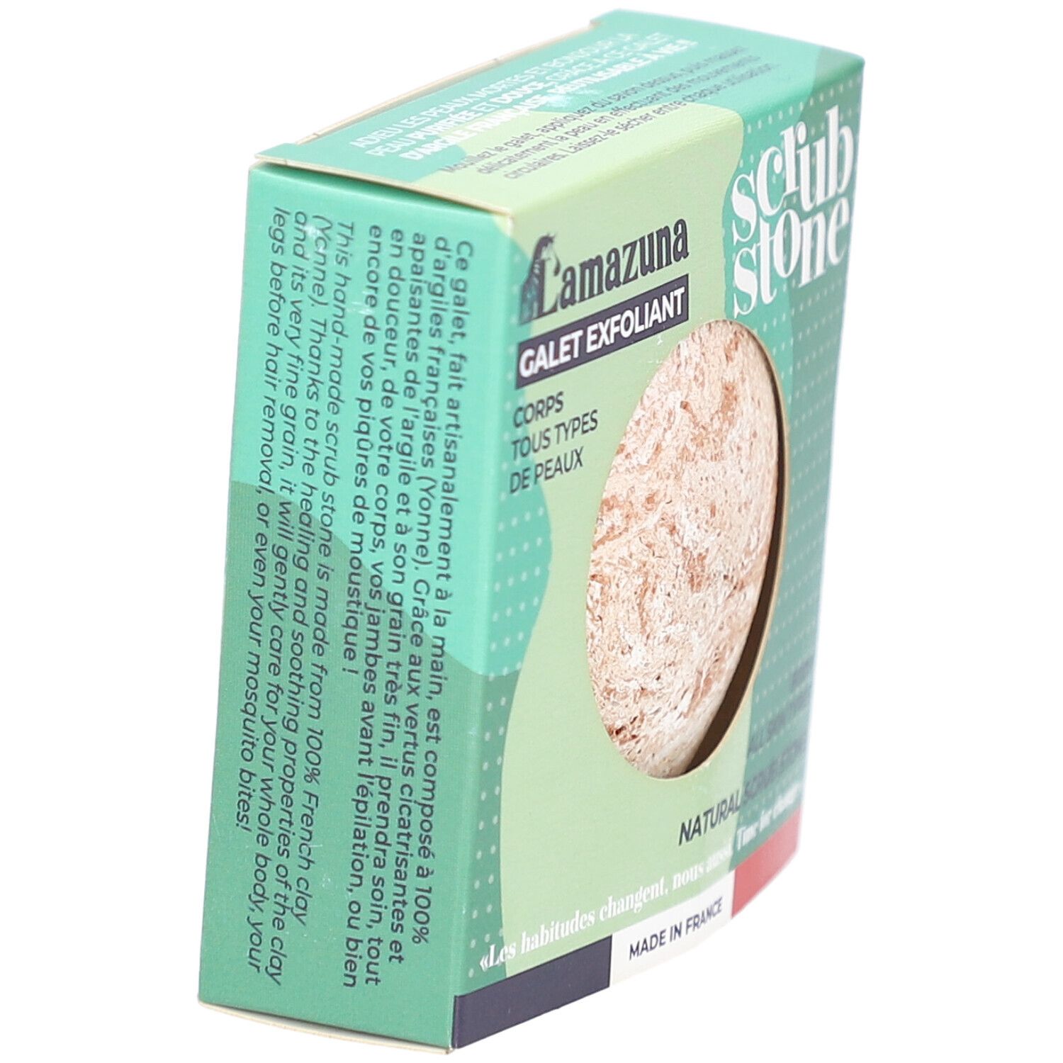Groene doos met scrubsteen. Opschrift: Lamazuna, Galet Exfoliant, voor alle huidtypes. Gemaakt van Franse klei.