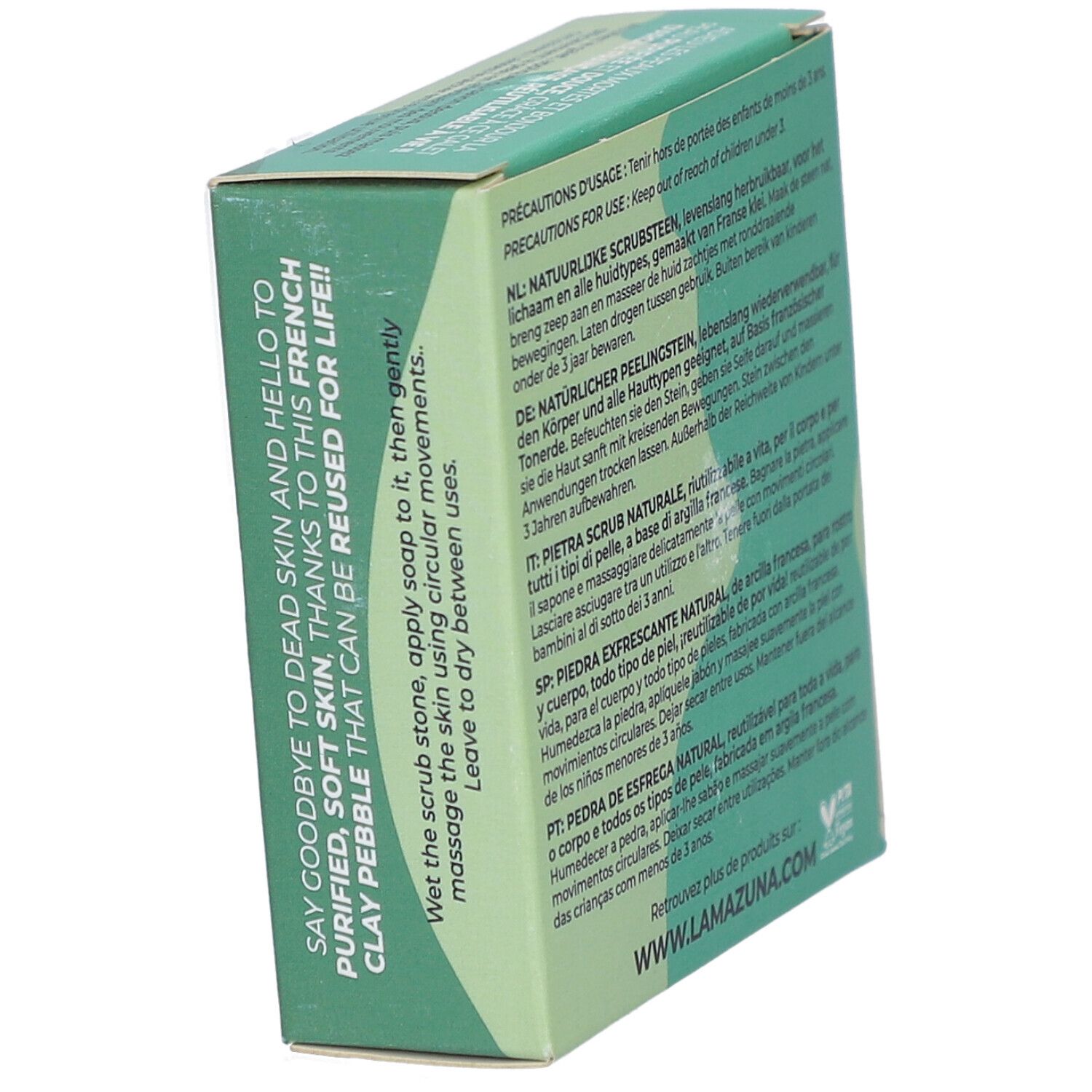 Groene verpakking schuin. Tekst: Voorzorgsmaatregelen, gebruiksaanwijzing, fabrikantinfo. Websiteadres: www.lamazuna.com.