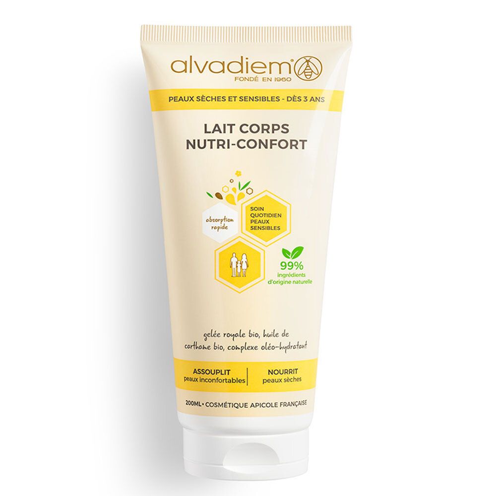 Tube de crème ALVADIEM Lait Corps. Tube blanc et jaune avec nom du produit et informations. Pour peaux sèches et sensibles.