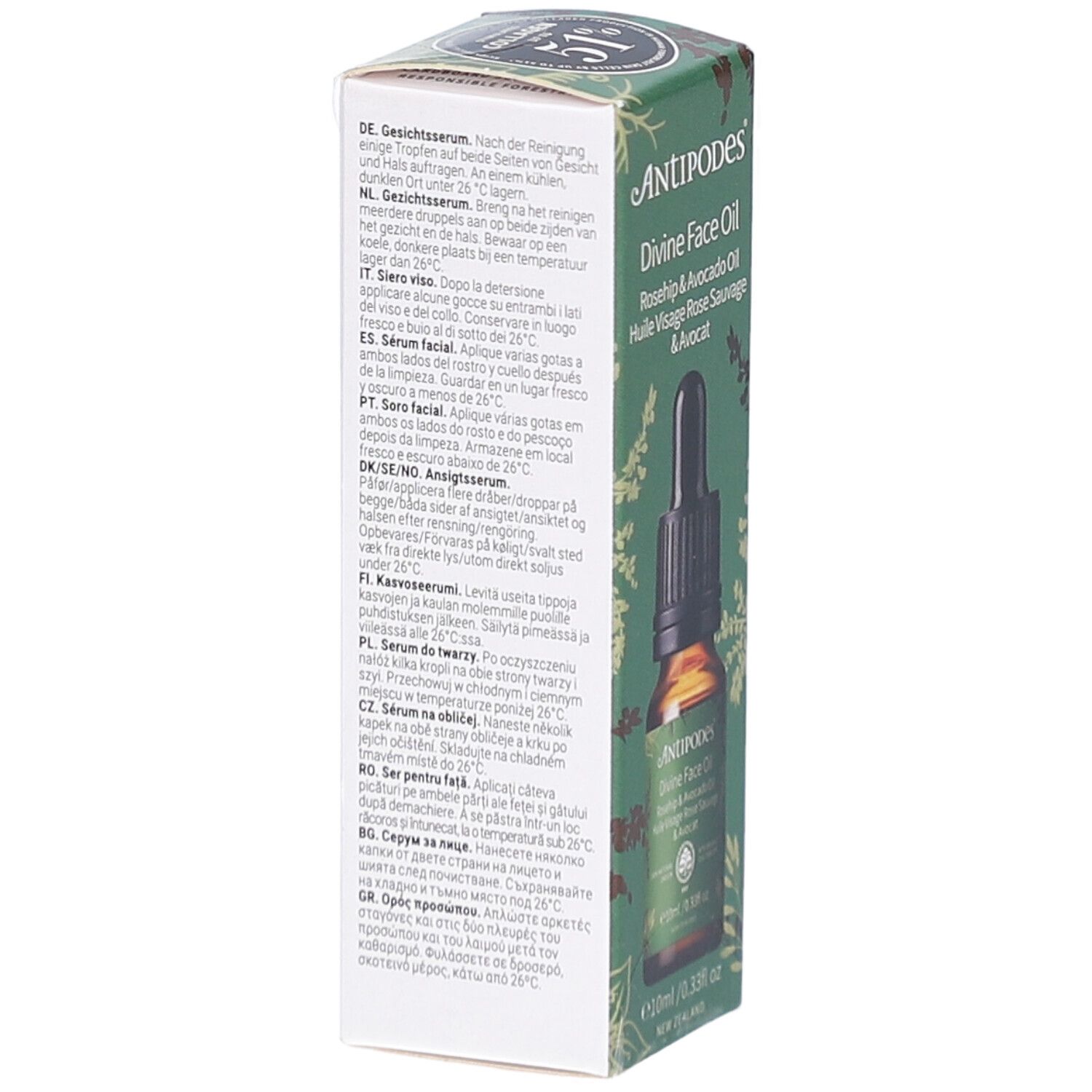 Dos de l'emballage ANTIPODES Divine Face Oil. Texte multilingue. Flacon avec pipette. Rosehip & Avocado Oil.