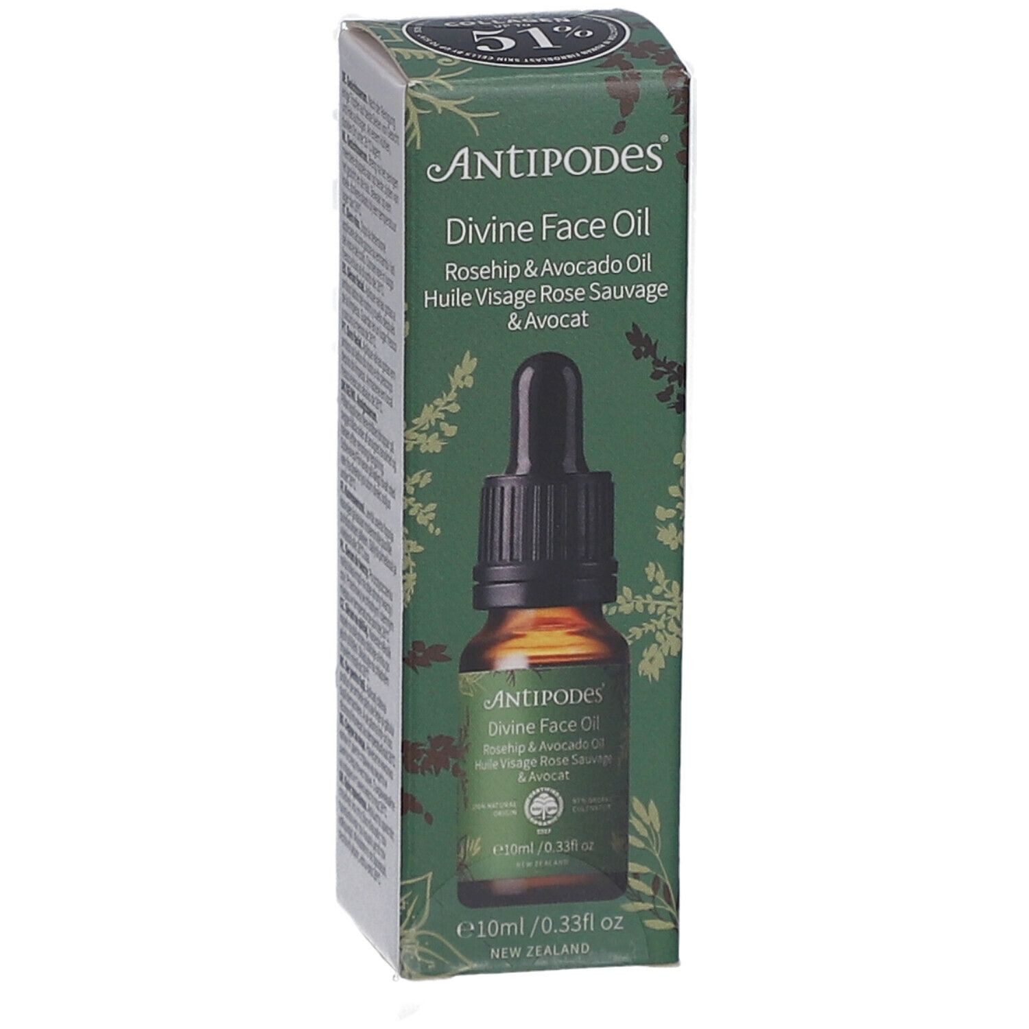 ANTIPODES Divine Face Oil. Flacon avec pipette. Rosehip & Avocado Oil. 10ml. Flacon en verre brun dans emballage.