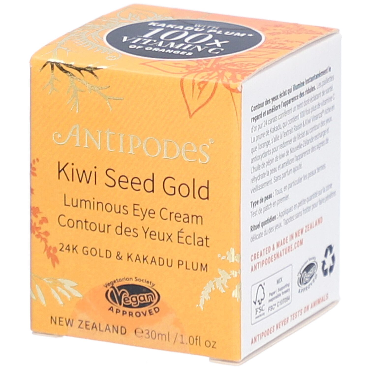 Gele doos met productnaam en logo. Bevat Kiwi Seed Gold Luminous Eye Cream. Vegan keurmerk.