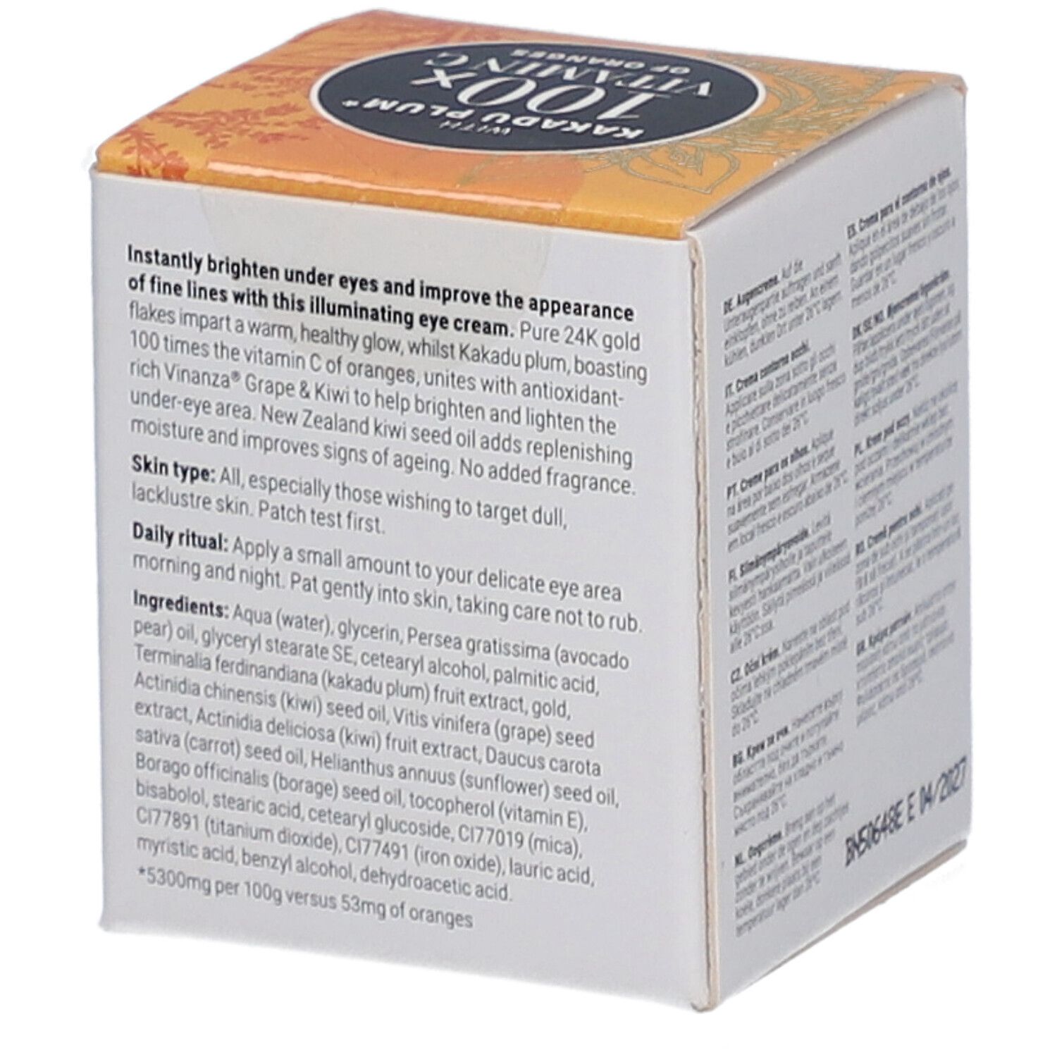 Gele doos met tekst. Bevat informatie over ingrediënten en gebruik. Bevat Kiwi Seed Gold.