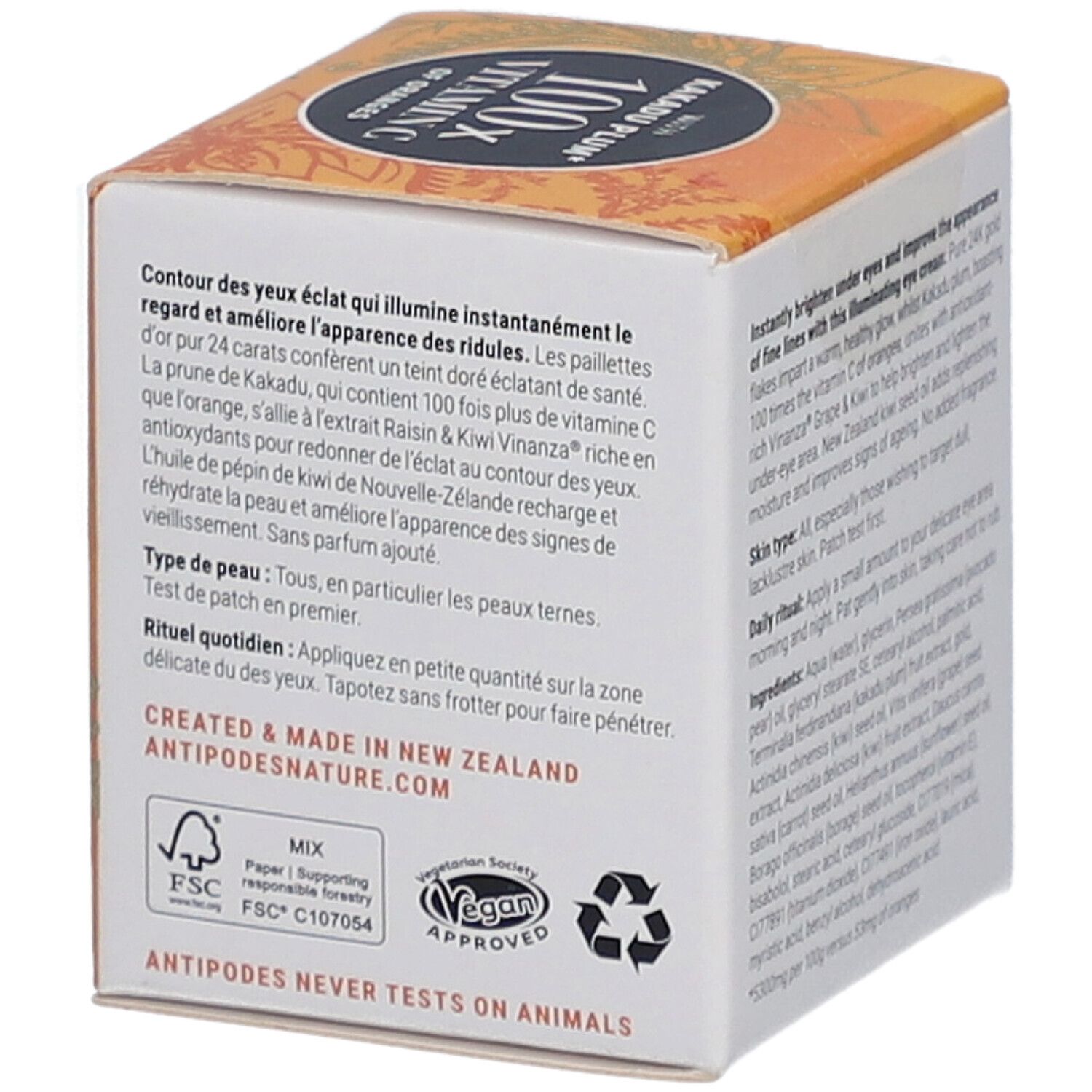 Gele doos met tekst. Bevat informatie over ingrediënten en gebruik. Vegan keurmerk.