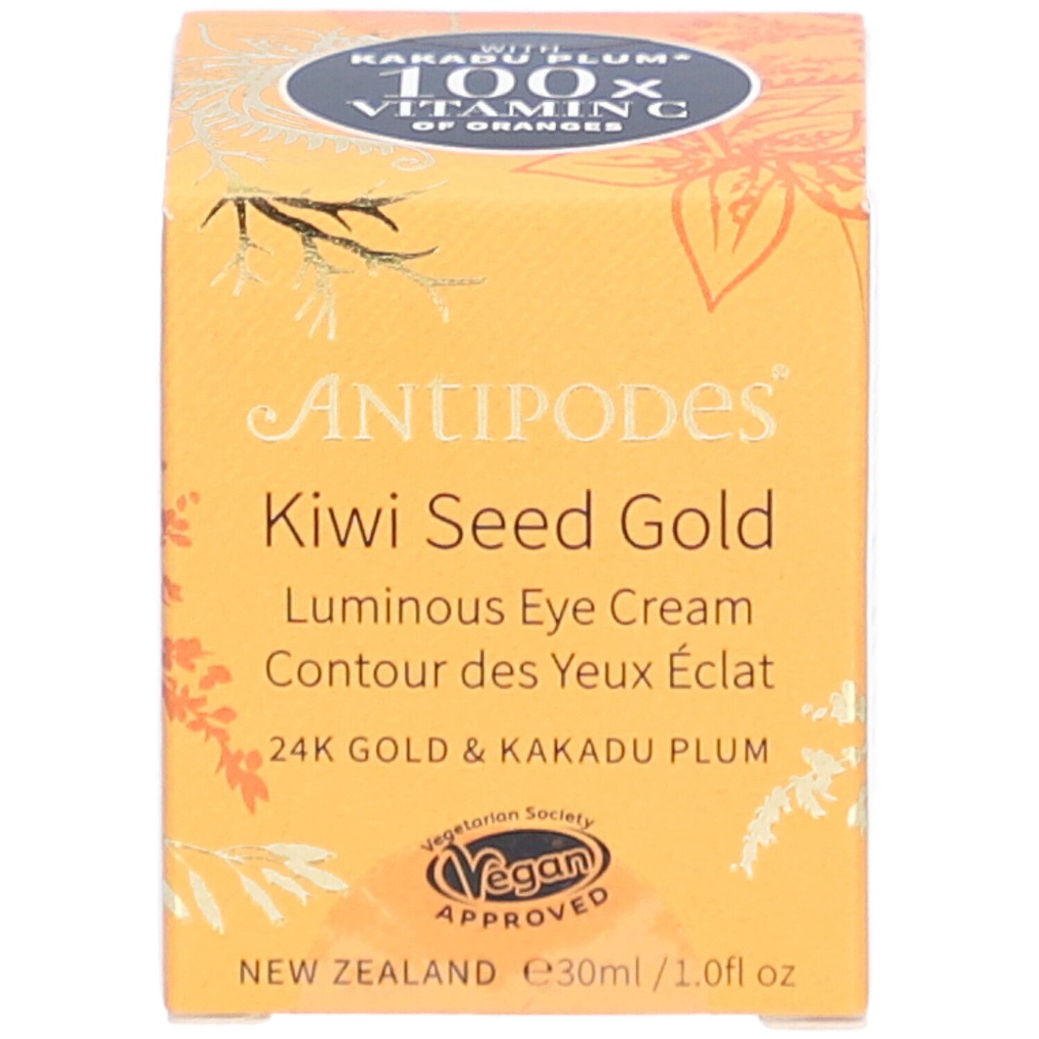 Gele doos met productnaam en logo. Bevat Kiwi Seed Gold Luminous Eye Cream. Vegan keurmerk.