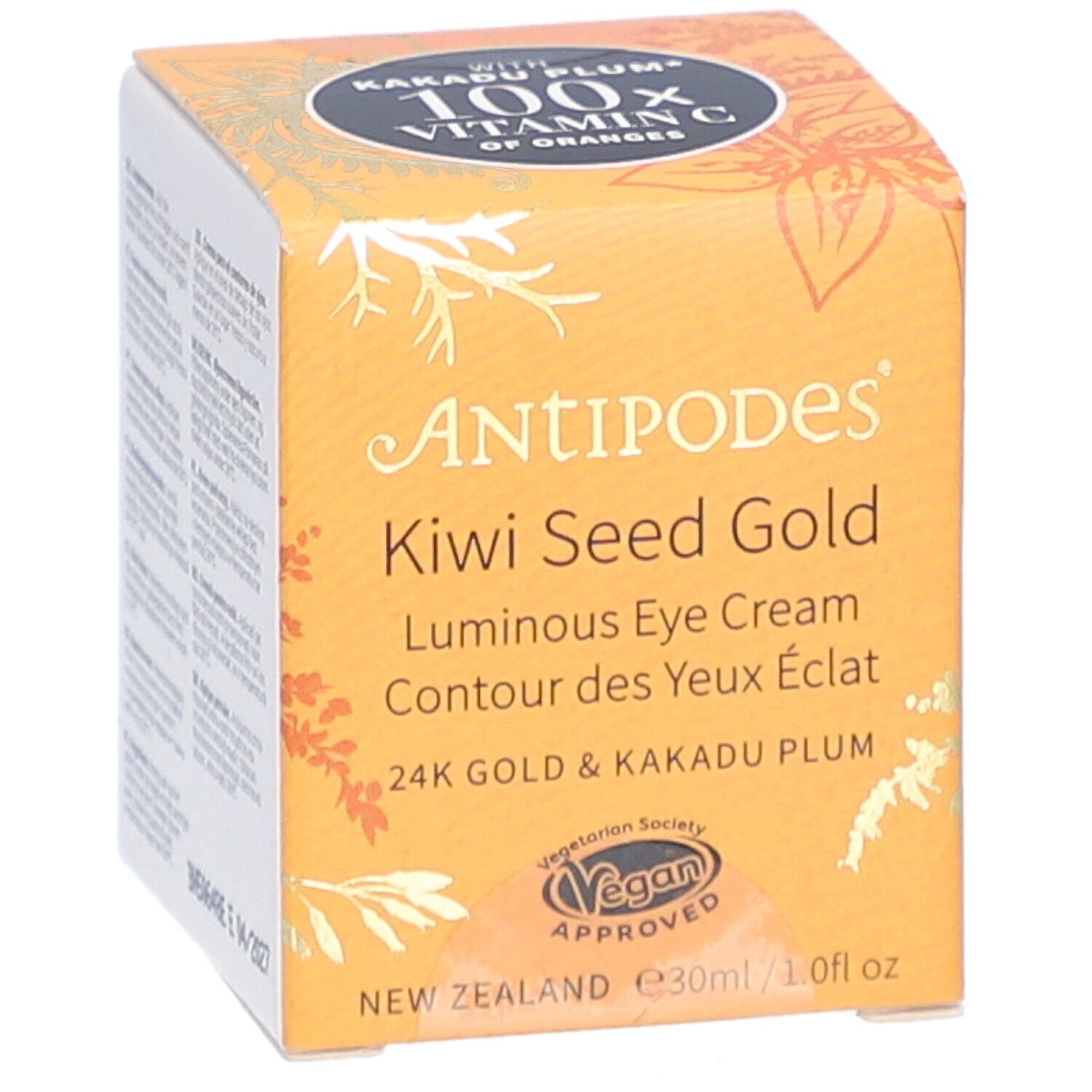 Gele doos met productnaam en logo. Bevat Kiwi Seed Gold Luminous Eye Cream. Vegan keurmerk.