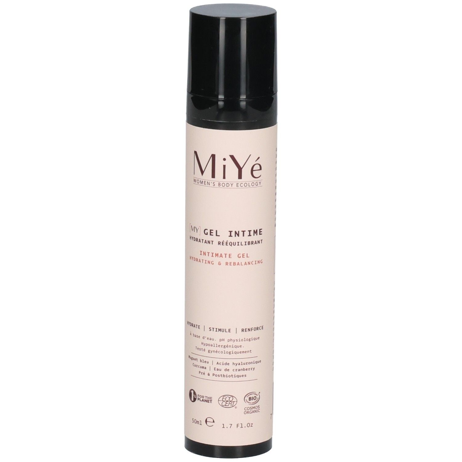 MiYé Intieme Gel fles met pompdispenser, voorkant. Hydraterend, herstellend, met Bio-keurmerk.