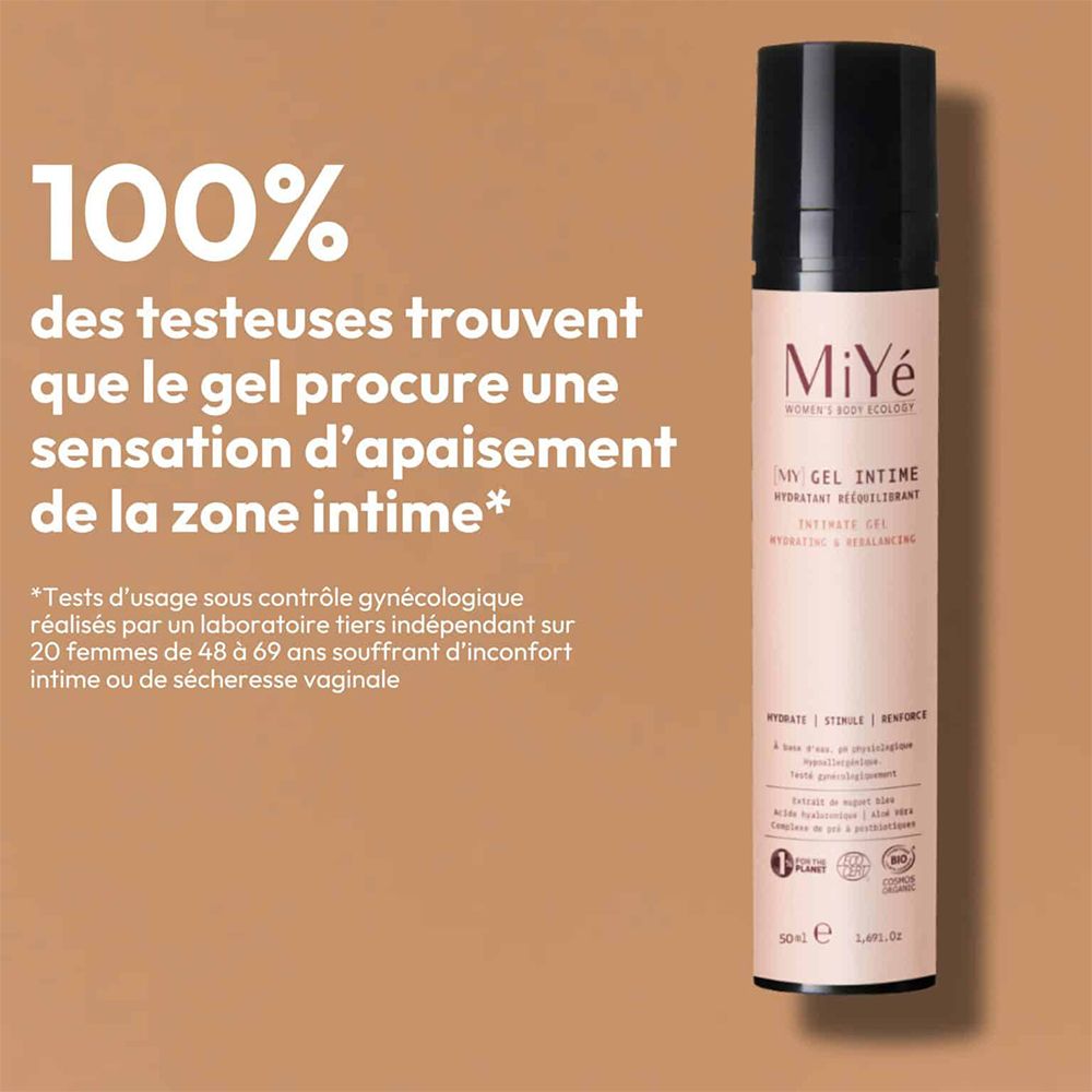 MiYé Intieme Gel fles naast de bewering: 100% van de testers vindt de gel kalmerend.