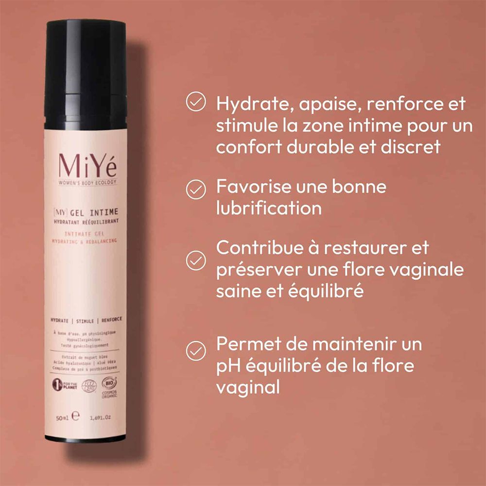 MiYé Intieme Gel fles met lijst van voordelen: hydrateert, kalmeert, versterkt, bevordert lubricatie, balanceert pH.