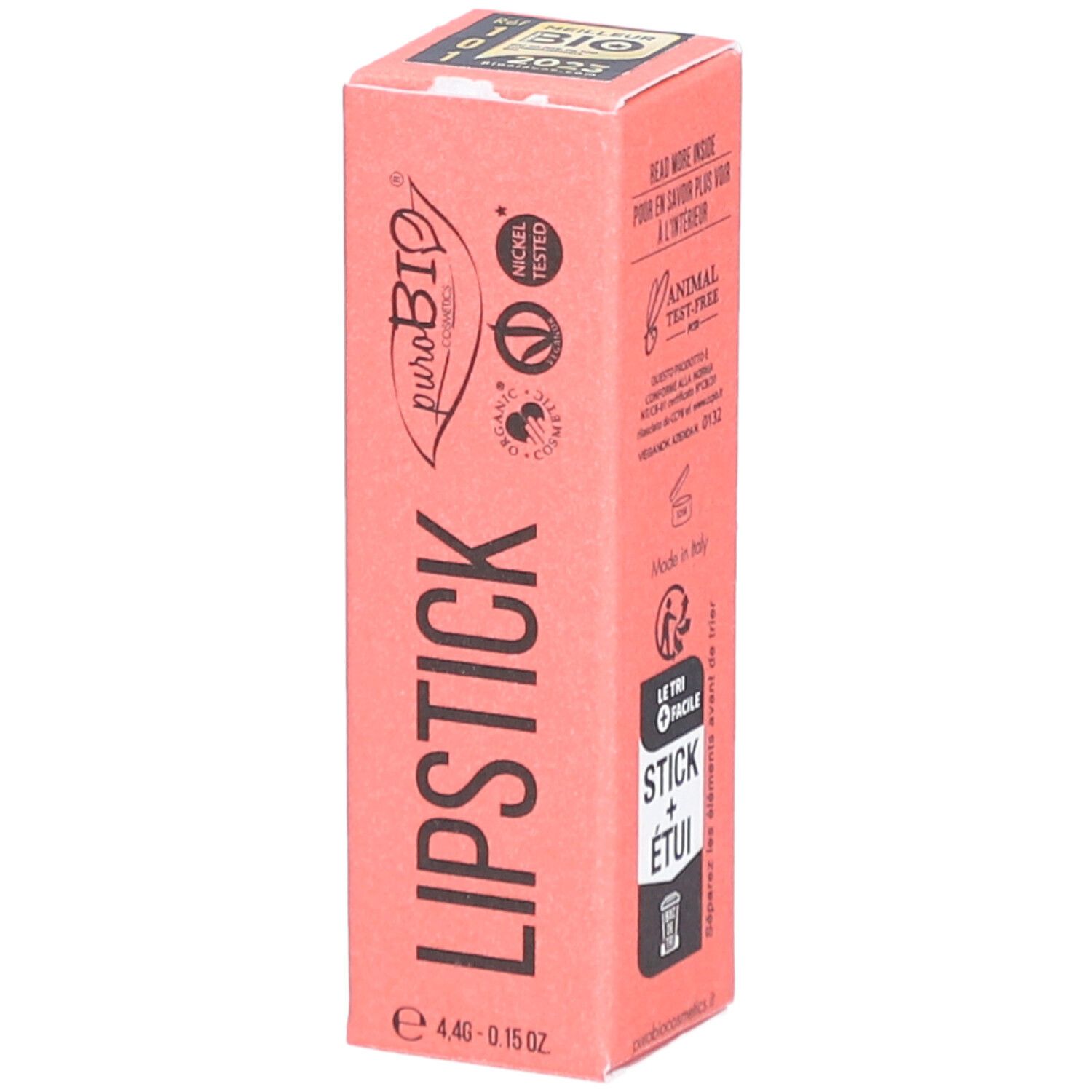 Roze verpakking voor lippenstift. Opdruk: Lipstick, puroBio, Nickel Tested, Vegan OK, Animal Test-Free.