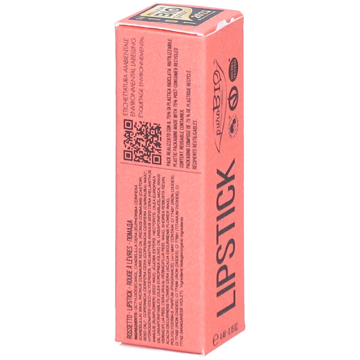 Roze verpakking voor lippenstift. Opdruk: Lipstick, puroBio, Nickel Tested, Vegan OK, Animal Test-Free. Tekst op achterkant.