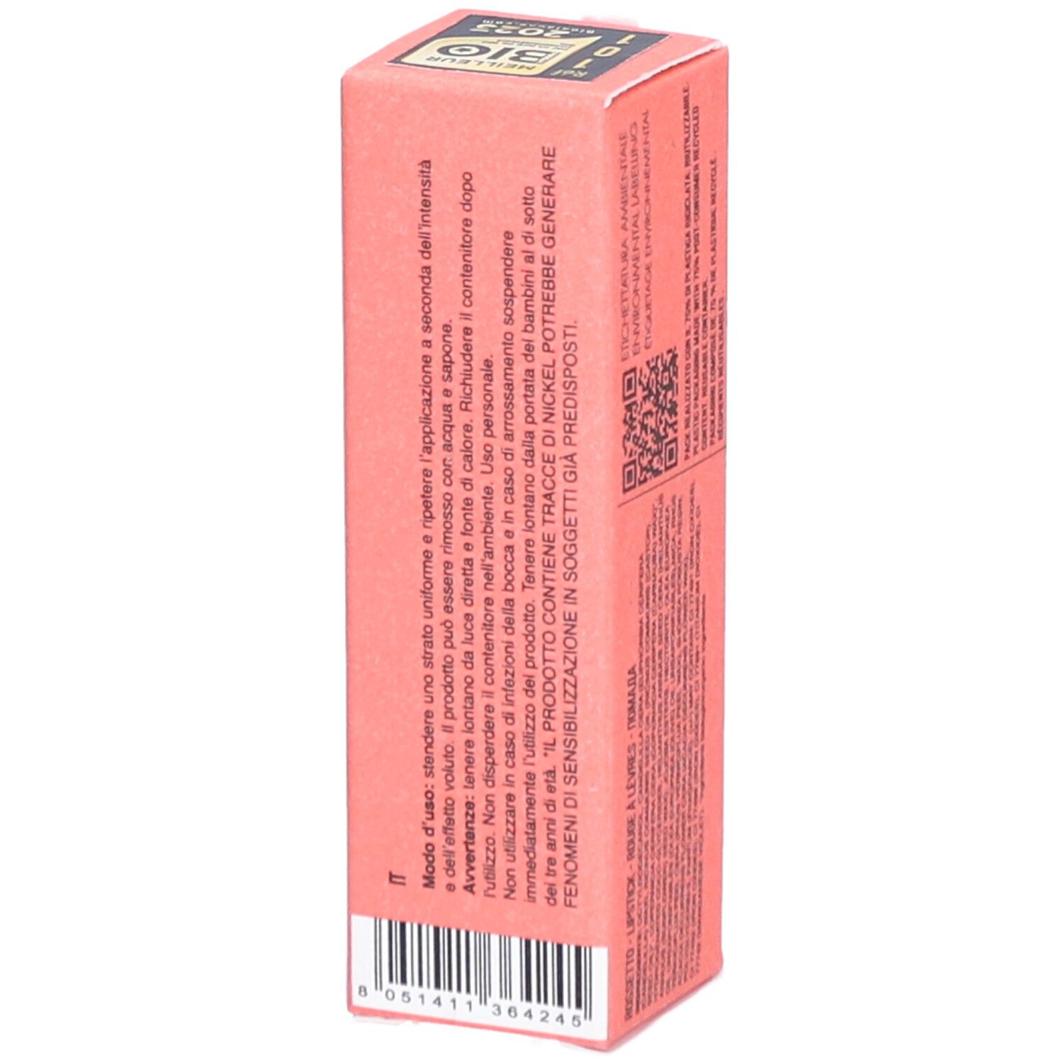 Roze verpakking voor lippenstift. Tekst op achterkant in het Italiaans. QR-code.