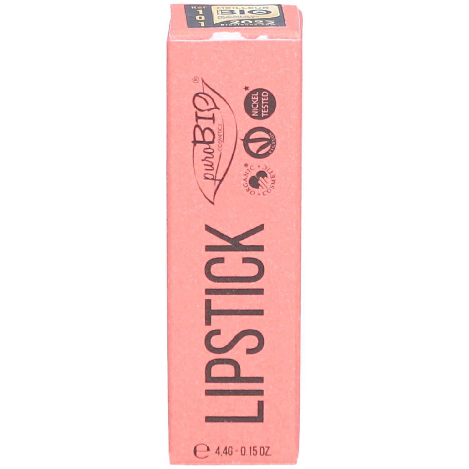 Roze verpakking voor lippenstift. Opdruk: Lipstick, puroBio, Nickel Tested, Vegan OK, Animal Test-Free.