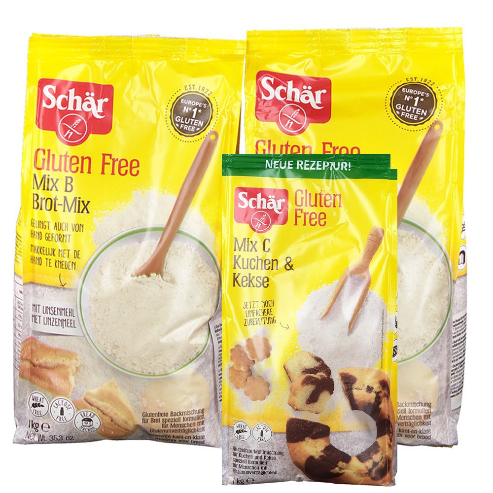 Drie pakken Schär glutenvrije bakmixen. Mix B Brot-Mix en Mix C Kuchen & Kekse. Gele verpakking met logo en productnamen.