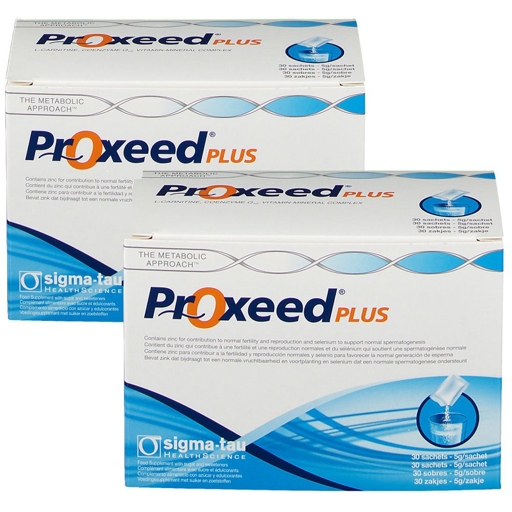 Deux boîtes blanches avec "Proxeed PLUS". Inscription "THE METABOLIC APPROACH" et logo "sigma-tau HEALTH SCIENCE". Contient 30 sachets.