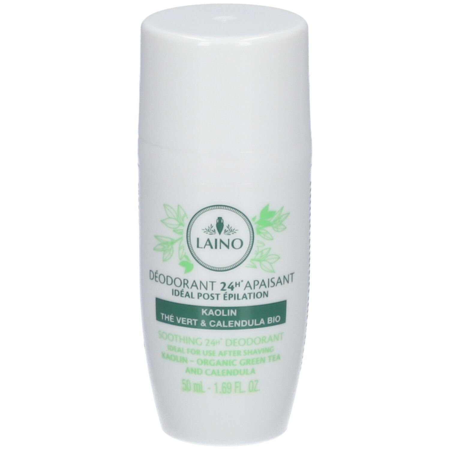Déodorant roll-on blanc avec détails verts. Inscriptions: LAINO, Déodorant 24H Apaisant, Kaolin, Thé vert & Calendula BIO.