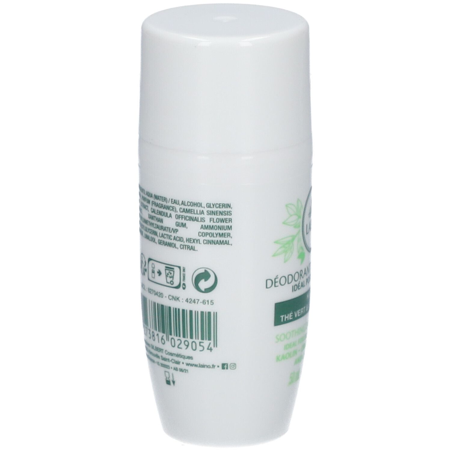 Dos d'un déodorant roll-on blanc. Texte avec ingrédients et informations. Autocollant vert avec code-barres.